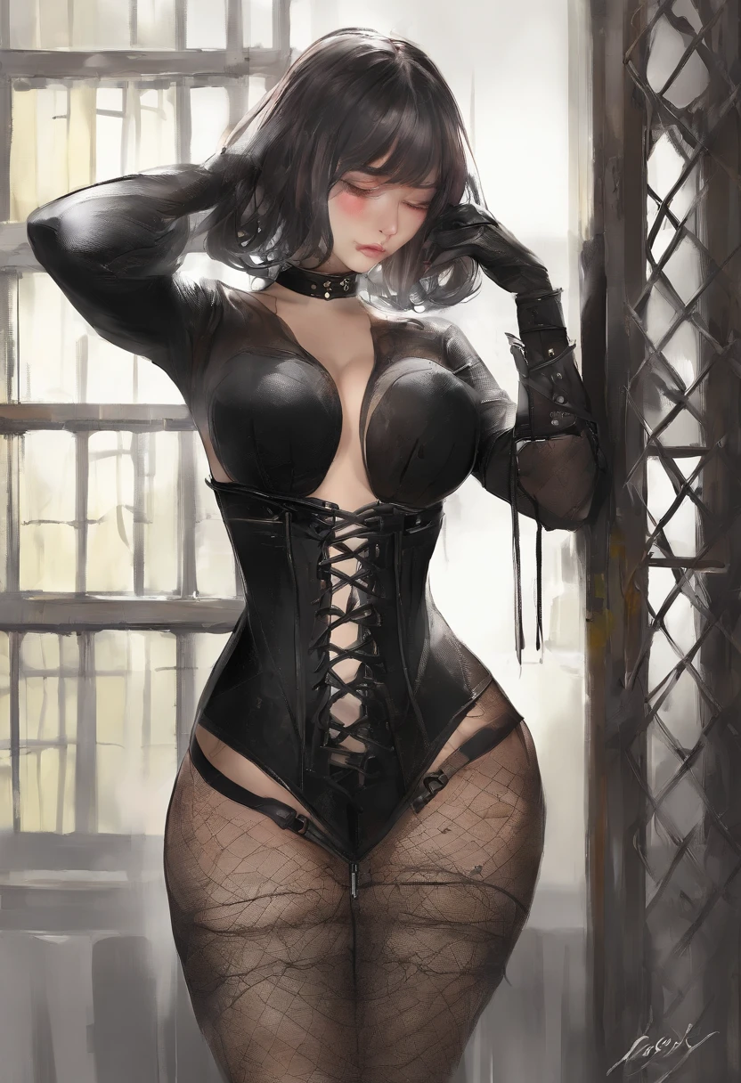 Black corset,束缚、(in a prison cell)、full body Esbian、((top-quality、8K、masterpiece:1.3))、Crisp focus:1.2、Beautiful woman with perfect body shape:1.4、Slender Abs:1.2、((layers-Cut、Colossal tits:1.2))、(Sateen、Street:1.2)、a wet body:1.5、Highly detailed facial and skin texture、A detailed eye、Bery short hair,BDSM,Slave,rubber
