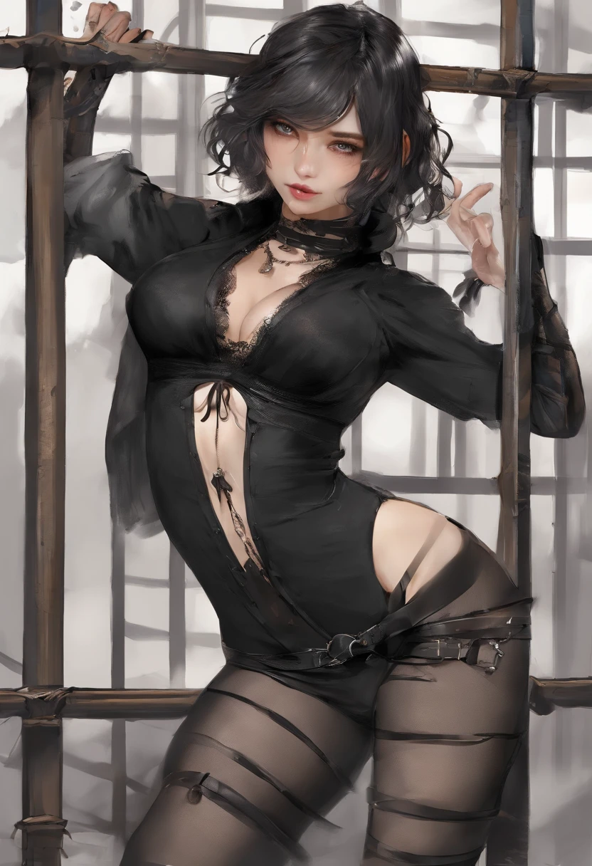 Black corset,束缚、(in a prison cell)、full body Esbian、((top-quality、8K、masterpiece:1.3))、Crisp focus:1.2、Beautiful woman with perfect body shape:1.4、Slender Abs:1.2、((layers-Cut、Colossal tits:1.2))、(Sateen、Street:1.2)、a wet body:1.5、Highly detailed facial and skin texture、A detailed eye、Bery short hair,BDSM,Slave,rubber