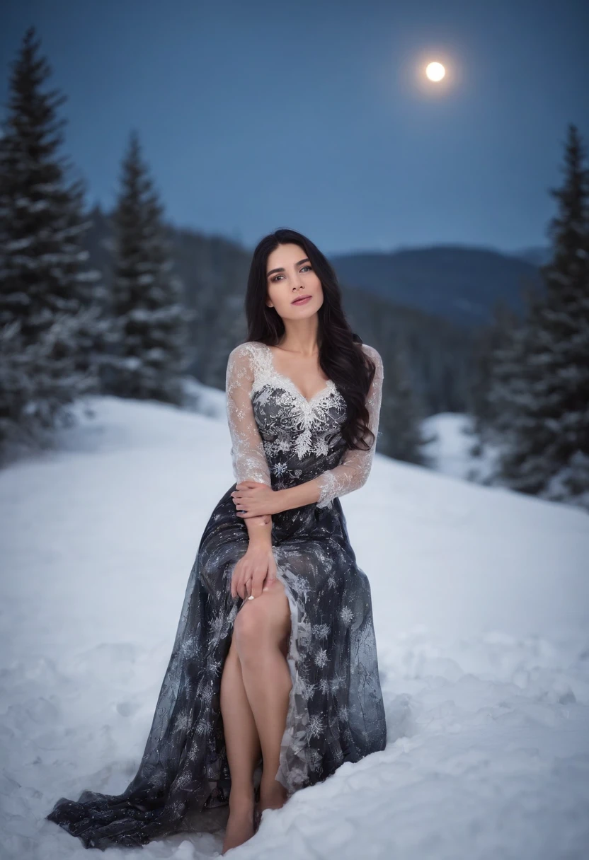 beautiful long black hair woman in a snowflake dress, full body, sitting through the snow on the mountain hills full moon at night