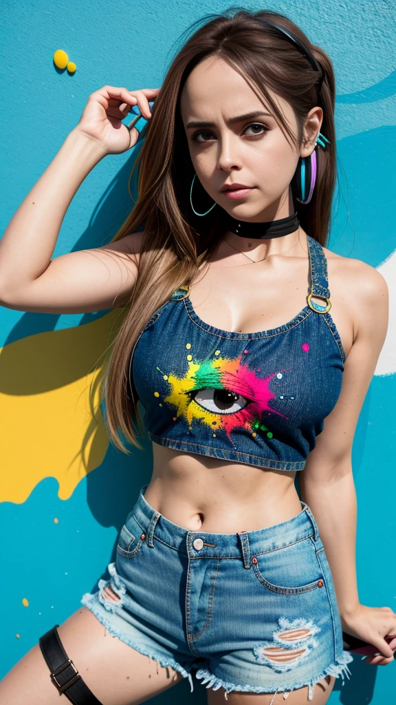 Eliza Dushku、masterpiece, top-quality, 1girl in, 独奏, croptop, Denim shorts, a choker, (doodle:1.5), Paint Splatter, arms behind back, Hitting a wall, Look at viewers, Armbands, Thigh strap, Paint on the body, tilt of the head, tedium, O cabelo multicolorido, Aqua Eye, headset on head,