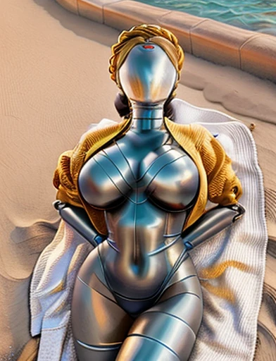 HQ 8K digital art, perfect HD quality, Best quality, yellow jacket, braided hair, silver skin, [[no face]], (anime), (illustration), cartoon, detailed, sexy, robot twins, (on beach:1.3), (lying on beachtowel:1.3), busty, huge breasts, wide hips, (soaked in oil:1.2), posing