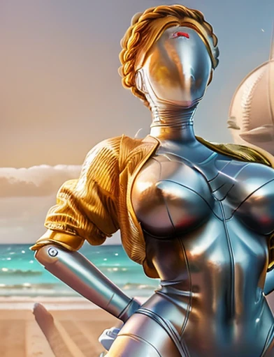 HQ 8K digital art, perfect HD quality, Best quality, yellow jacket, braided hair, silver skin, [[no face]], (anime), (illustration), cartoon, detailed, sexy, robot twins, (on beach:1.3), (lying on beachtowel:1.3), busty, huge breasts, wide hips, (soaked in oil:1.2), posing