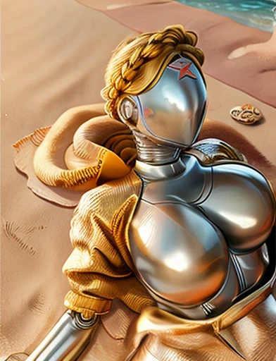 HQ 8K digital art, perfect HD quality, Best quality, yellow jacket, braided hair, silver skin, [[no face]], (anime), (illustration), cartoon, detailed, sexy, robot twins, (on beach:1.3), (lying on beachtowel:1.3), busty, huge breasts, wide hips, (soaked in oil:1.2), posing