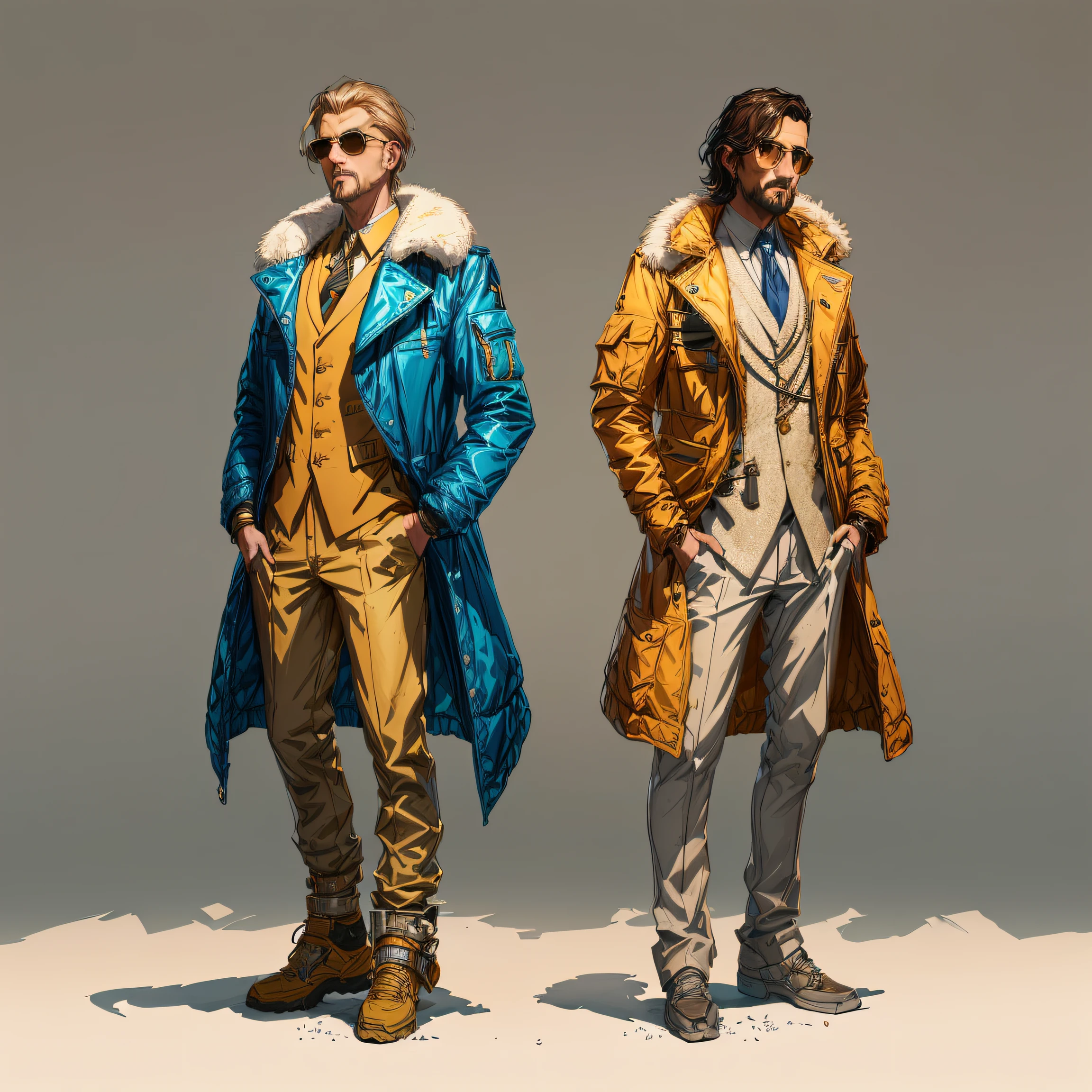 two men in jackets and pants standing next to each other, disco elysium style!!!, disco elysium character, disco elysium concept art, colored concept art, disco elysium artwork, disco elysium style, style of james gurney, style of marcin blaszczak, fashion concept art, disco elysium art, inspired by Marius Borgeaud