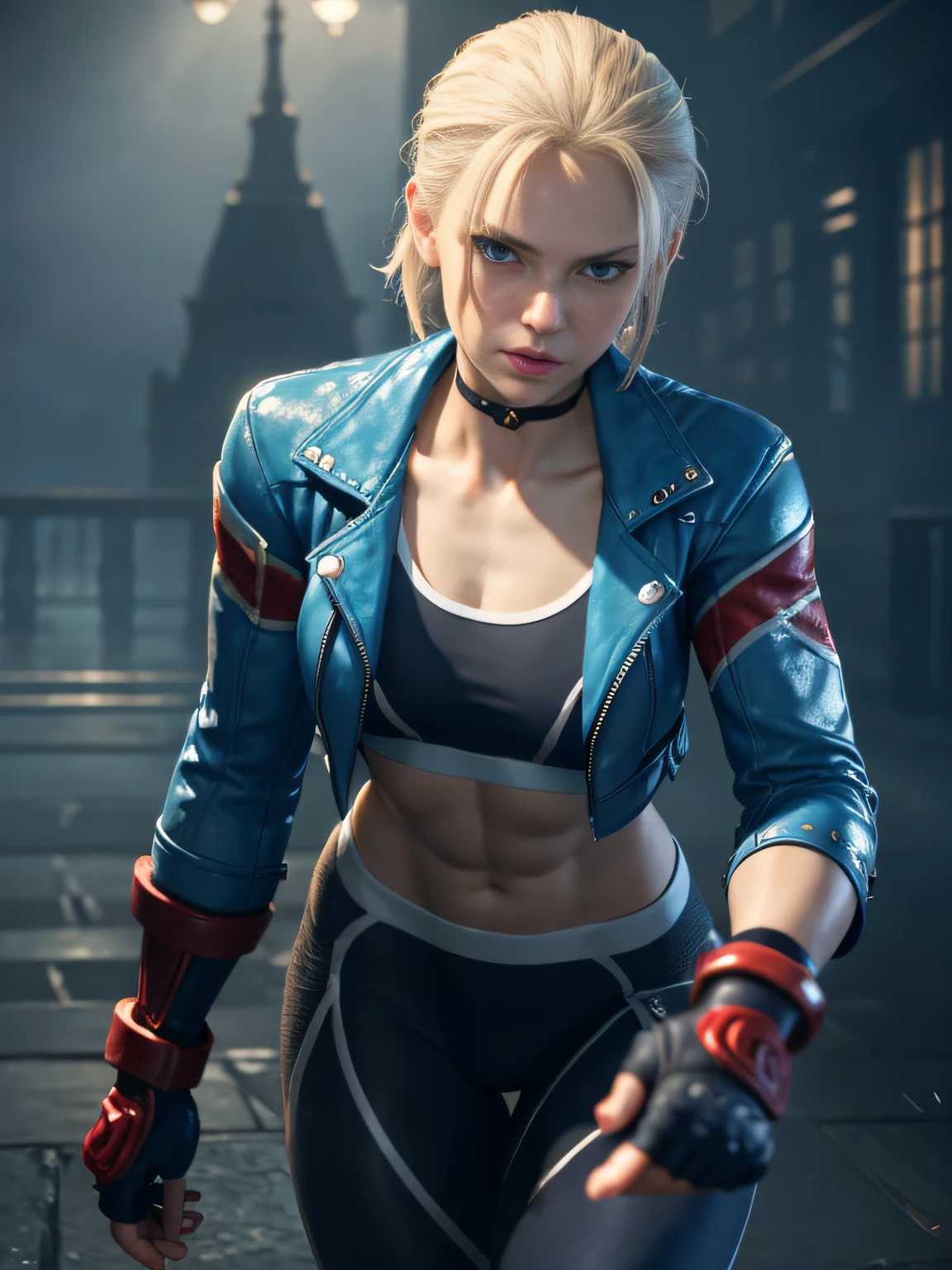 cammy white,1 girl,(exquisitely detailed CG unity 8k wallpaper, masterpiece-quality with stunning realism), (best illumination, best shadow), (best quality), heroic pose, navy blue sports bra,erected nipples, light blue open jacket, navy blue yoga pants, red gloves, Abdominal muscle, muscles, abs, depth of field blur effect, full zoom, action portrait, photorealistic. cinematic lighting, highly detailed. best quality, 4k, Better hand, perfect anatomy, leaning forward, foreshortening effects, (leaning forward:1) (cute coy flirty sexy expression), foreshortening effect, (piercing eyes:0.8), surrounded by an ominous and dark atmosphere, accentuated by dramatic and striking lighting, imbued with a sense of surreal fantasy", (london city background), (pretty cute face:1.3) ,dynamic pose,from below,spread legs