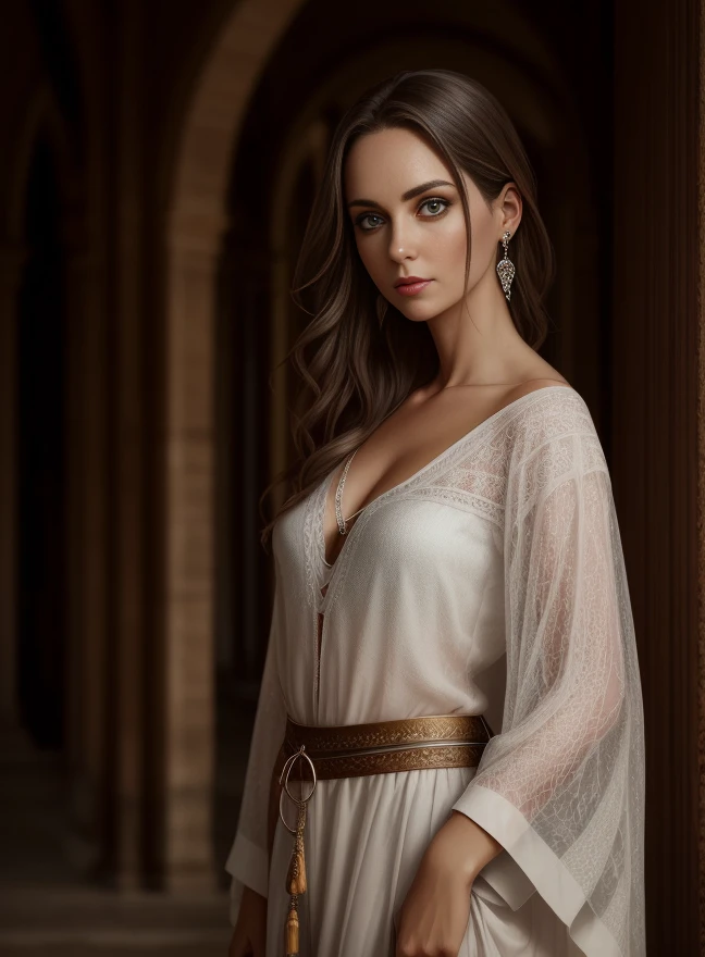 Pretty almost naked woman, stunning beauty, sexy, warm shapes, background of a medieval town, woman with brown hair, long hair 