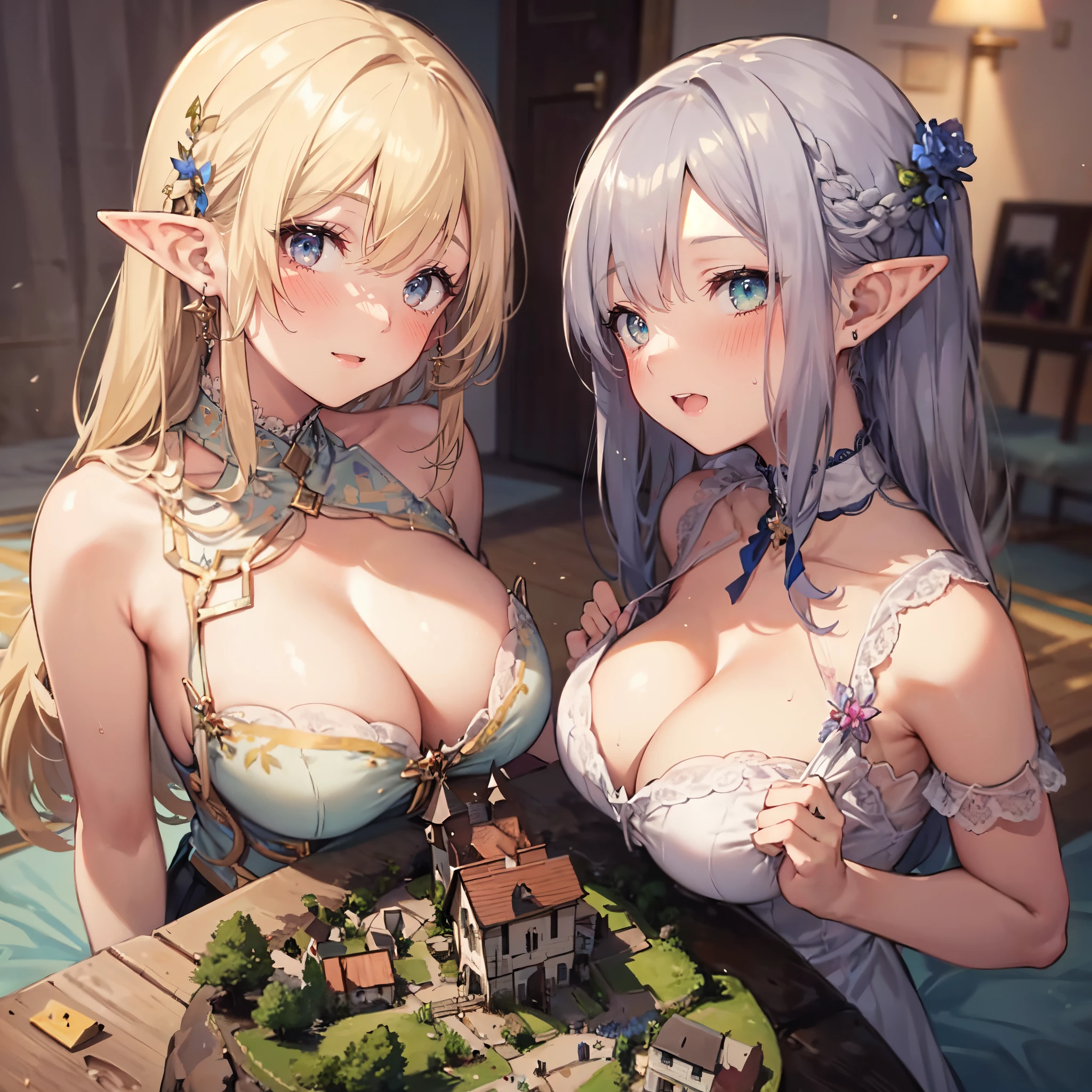 (2girls:1.3), (yuri:1.3), two girls next to each other, (height_difference:1.2),
two giants looking down at a tiny village on a table from above, (village from above: 1.2),
tall, huge (breasts:1.1), breast squeeze, (2girls:1.6), (yuri:1.1), (giantess:1.2), happy, blushing, cleavage, (height_difference:1.3), (size_difference:1.1), bedroom background, Princess, frills, cute dress, pointy ear, elf, bright hair, bright eyes, cliffs, hills, rivers, mountains, armpit, sweaty, shiny skin