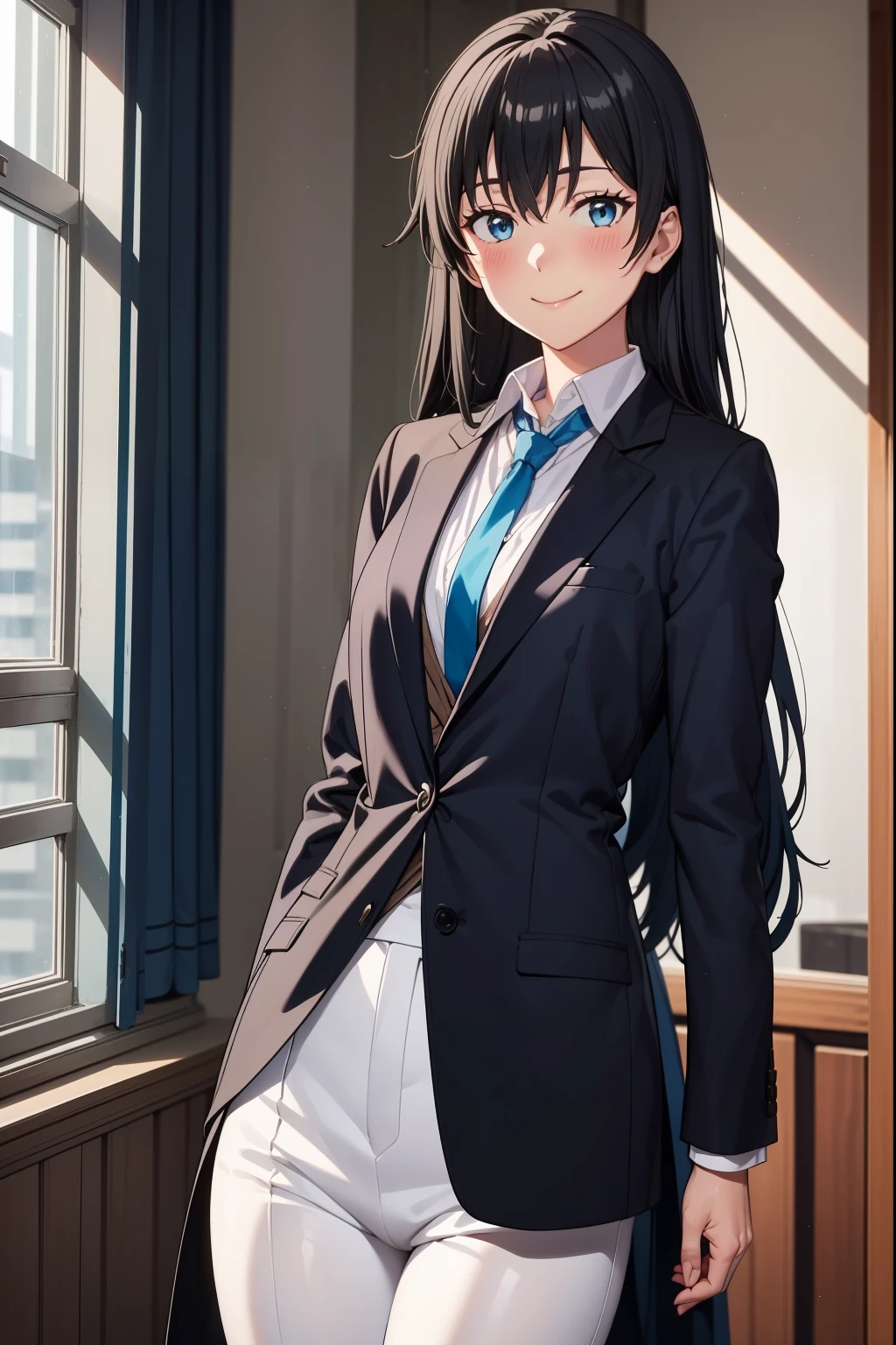 Yukinoshita Yukino wears a tuxedo coat, 1girl, Snafu anime, Female Butler, Elegant blue evening tie, collared shirt, bloomers, Black tail coat, Detailed background of the room, eyes blue, closed mouth, Smileing, Very sexy girl in suit and tie standing by the window, 1girl, 独奏, necktie, Black hair, eyes blue, long hair, smile, jacket, looking at the scenes, shirt, bloomers, blue necktie, collared shirt, white pants, white shirt, indoors, explosions, long-sleeved, closed mouth, window, black jacket, blush, cowboy shot, ceremonial, Yukinoshita Yukino suit, A woman in a black suit and blue tie is standing next to a windowsill, 1girl, 独奏, necktie, eyes blue, jacket