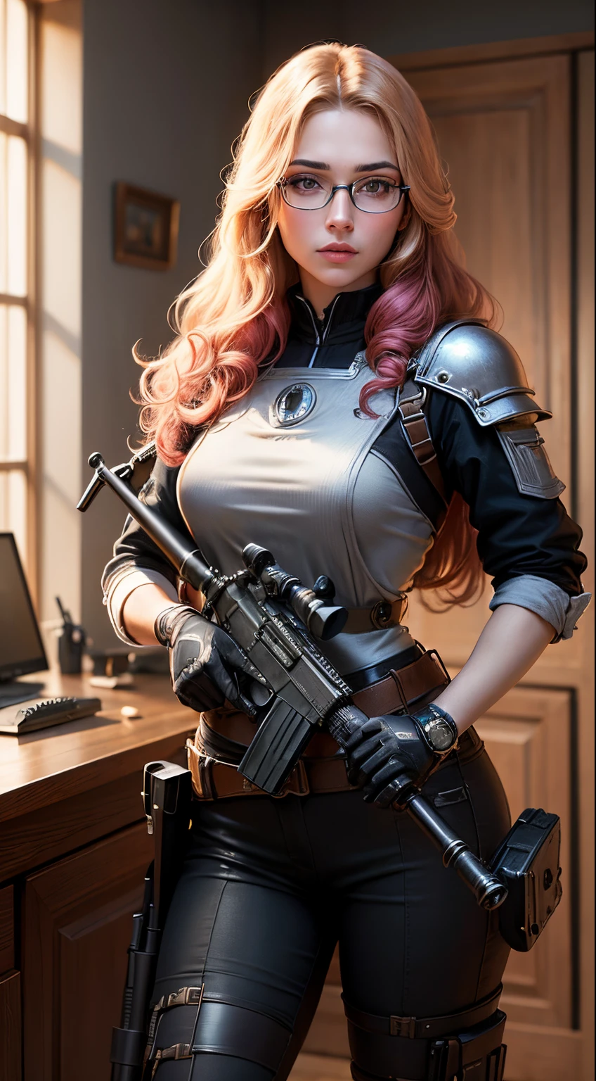 ((Best Quality)), ((Masterpiece)), ((Realistic)) and ultra-detailed photography of a 1nerdy girl with glasses, roupa do homem de ferro , with a machine gun in his hands , cabelos vermelhos , bad guy