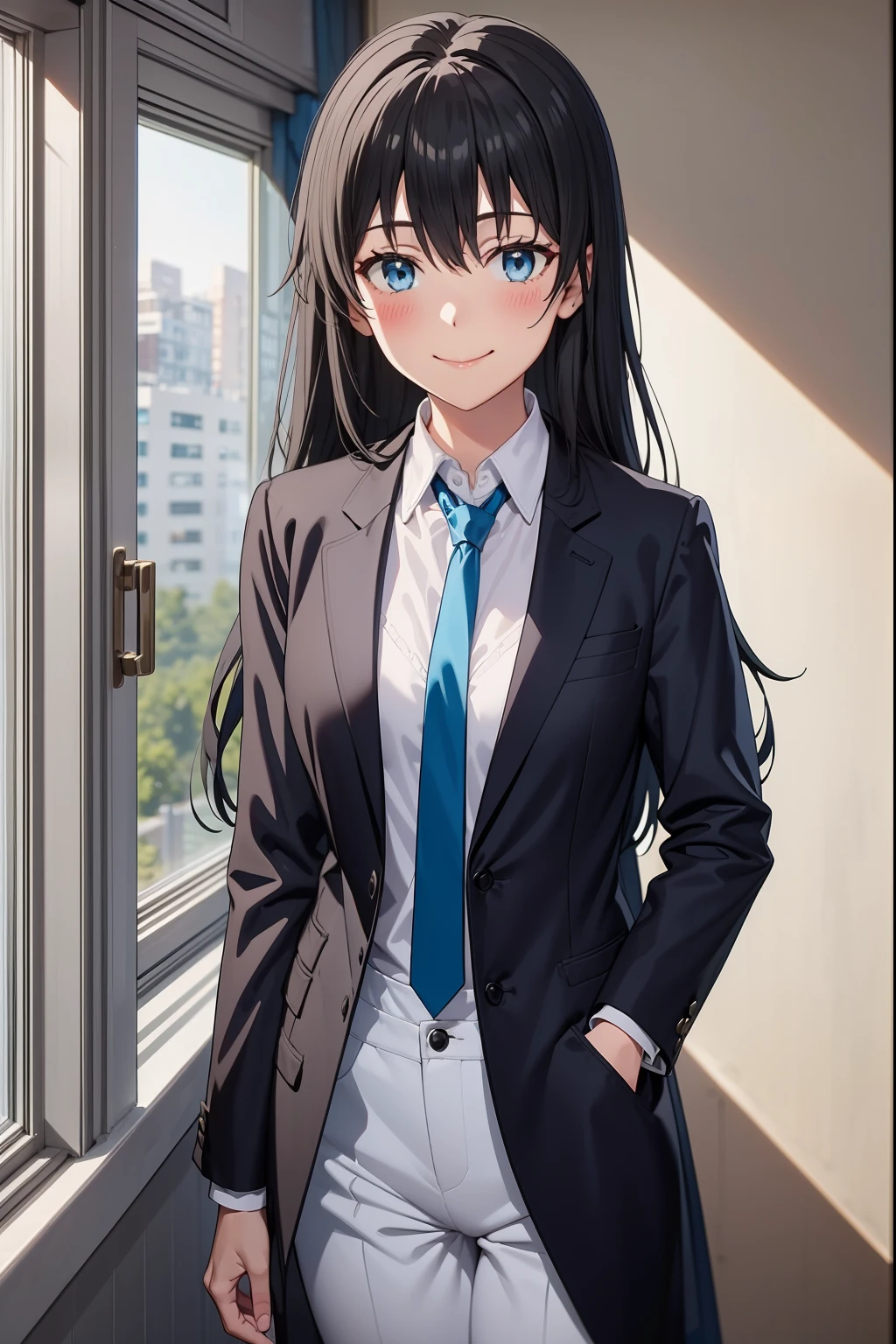 Yukinoshita Yukino wears a tuxedo coat, 1girl, Snafu anime, Female Butler, Elegant blue evening tie, collared shirt, bloomers, Black tail coat, Detailed background of the room, eyes blue, closed mouth, Smileing, Very sexy girl in suit and tie standing by the window, 1girl, 独奏, necktie, Black hair, eyes blue, long hair, smile, jacket, looking at the scenes, shirt, bloomers, blue necktie, collared shirt, white pants, white shirt, indoors, explosions, long-sleeved, closed mouth, window, black jacket, blush, cowboy shot, ceremonial, Yukinoshita Yukino suit, A woman in a black suit and blue tie is standing next to a windowsill, 1girl, 独奏, necktie, eyes blue, jacket