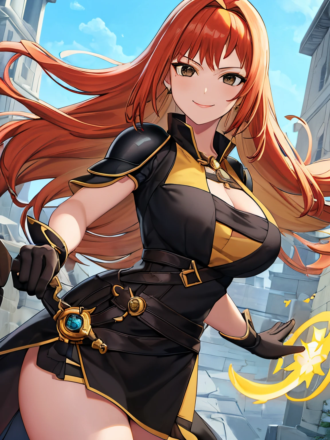 woman, ( pretty face, ginger hair, long hair, black eyes) black dress, mage, exposed shoulders, gloves, diadem, large thighs, light armor, mage dress, yellow cloth, stocking, smiling, yellow details on dress, STW