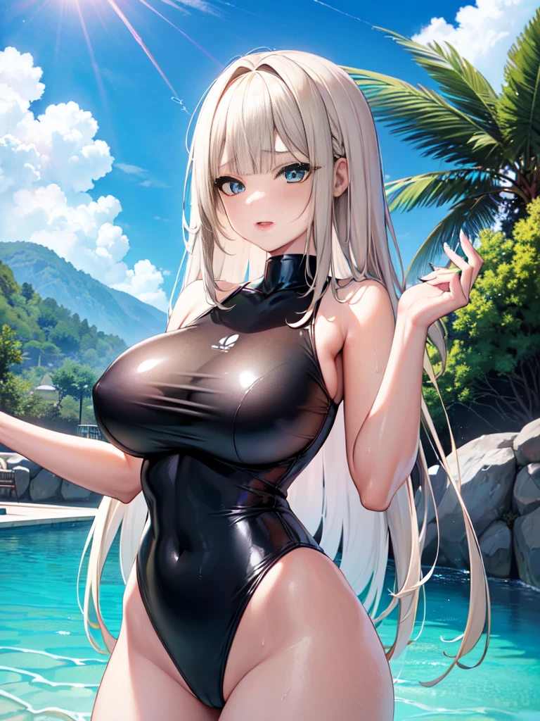 ((Best Quality)), (ultra-detailliert), ((Extremely detailed)), (Beautiful), ((Kawaii Girl)), ((nffsw)), (masutepiece), (High quality), (Best Quality), (4K), (High quality), 1, Solo Girl, 1girl in, ((platinum-blonde-hair)), Parted bangs, ((Hair intake)), Long hair, (Her hair is long and up on both sides..), ((Jade-colored eyes)), slanted eye, Large , Slender body, latex black competition swimsuit, Pool Background, (Blue sky:1.3), Solar, Sunlight, Anime, ;D