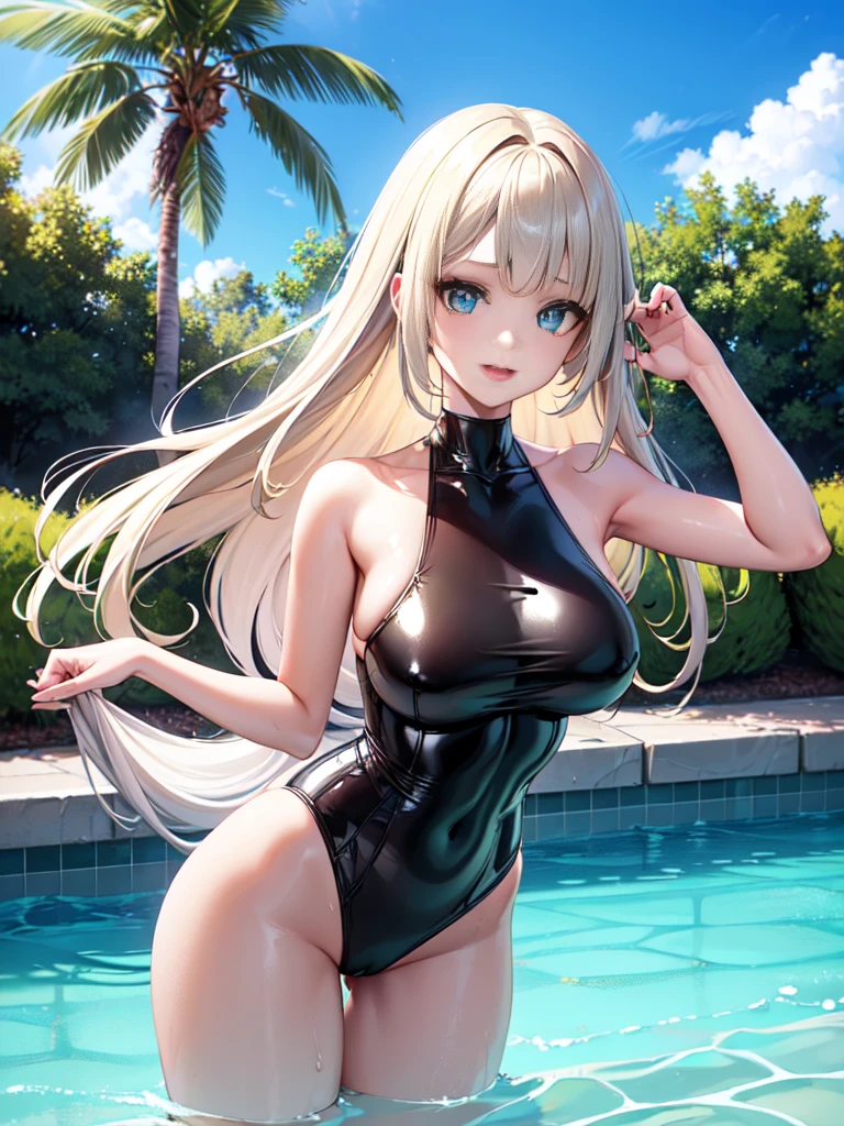 ((Best Quality)), (ultra-detailliert), ((Extremely detailed)), (Beautiful), ((Kawaii Girl)), ((nffsw)), (masutepiece), (High quality), (Best Quality), (4K), (High quality), 1, Solo Girl, 1girl in, ((platinum-blonde-hair)), Parted bangs, ((Hair intake)), Long hair, (Her hair is long and up on both sides..), ((Jade-colored eyes)), slanted eye, Large breasts, Slender body, latex black competition swimsuit, Pool Background, (Blue sky:1.3), Solar, Sunlight, Anime, ;D