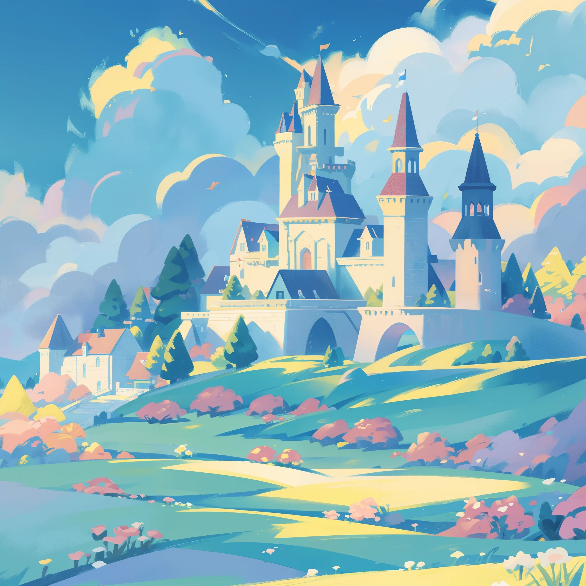 picture book illustration, watercolor storybook illustration, ((princess castle)), ((fairytale castle)), fairytale towers, clouds, vibrant pastel colors, dream, colorful, whimsical, magical, masterpiece, best quality, sharp focus, intricately detailed environment, fine detail, 8k resolution