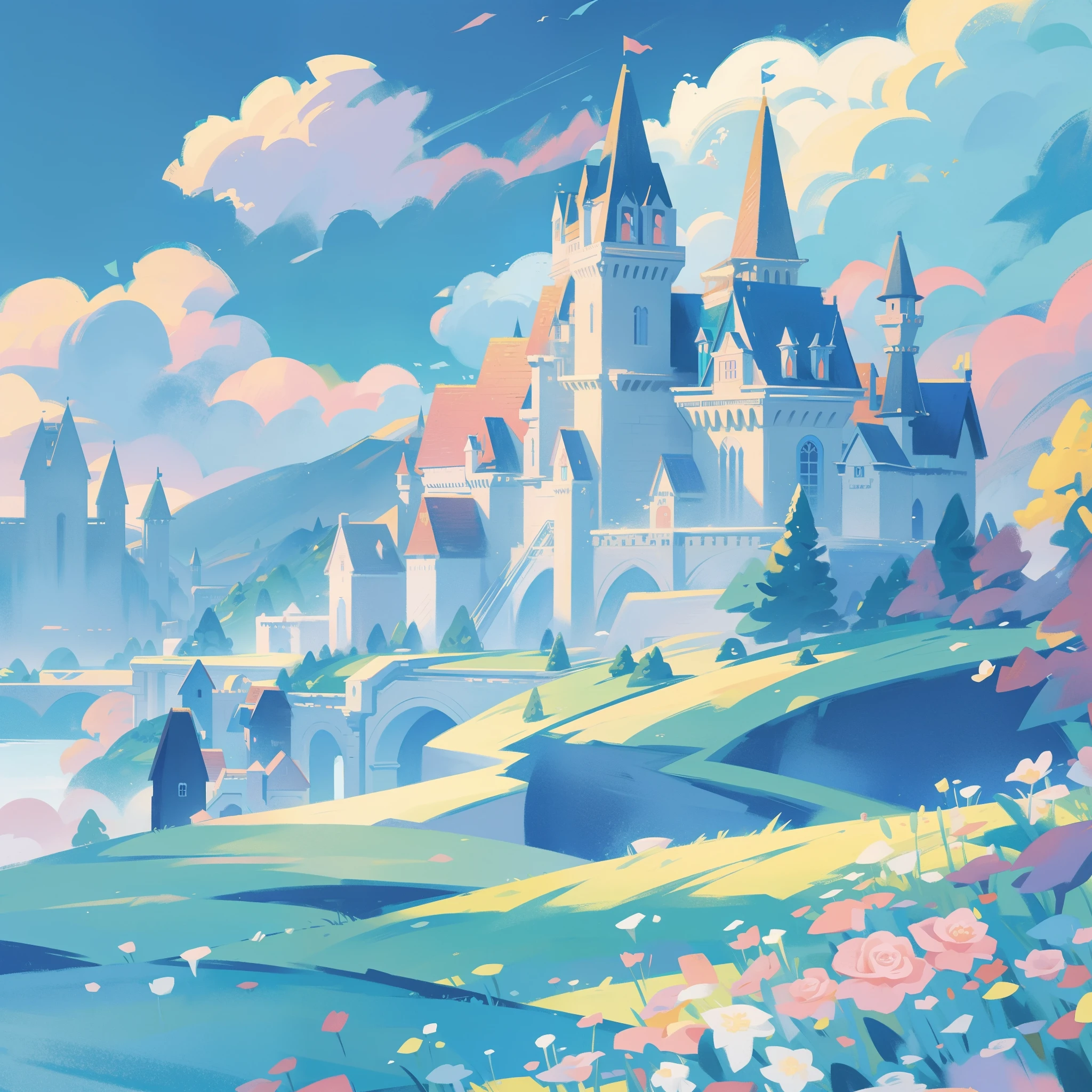 picture book illustration, watercolor storybook illustration, ((princess castle)), ((fairytale castle)), fairytale towers, clouds, vibrant pastel colors, dream, colorful, whimsical, magical, masterpiece, best quality, sharp focus, intricately detailed environment, fine detail, 8k resolution