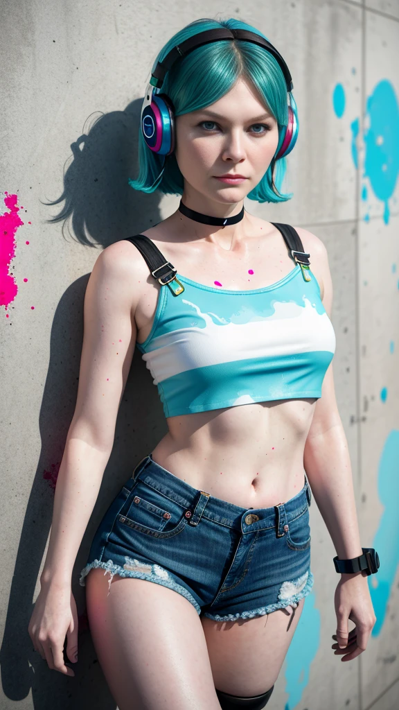 Kirsten Dunst、​masterpiece, top-quality, 1girl in, 独奏, croptop, Denim shorts, a choker, (doodle:1.5), Paint Splatter, arms behind back, Hitting a wall, Look at viewers, Armbands, Thigh strap, Paint on the body, tilt of the head, tedium, O cabelo multicolorido, Aqua Eye, headset on head,