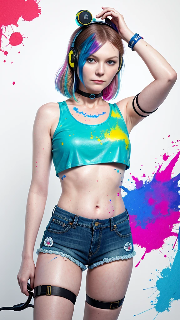 Kirsten Dunst、​masterpiece, top-quality, 1girl in, 独奏, croptop, Denim shorts, a choker, (doodle:1.5), Paint Splatter, arms behind back, Hitting a wall, Look at viewers, Armbands, Thigh strap, Paint on the body, tilt of the head, tedium, O cabelo multicolorido, Aqua Eye, headset on head,