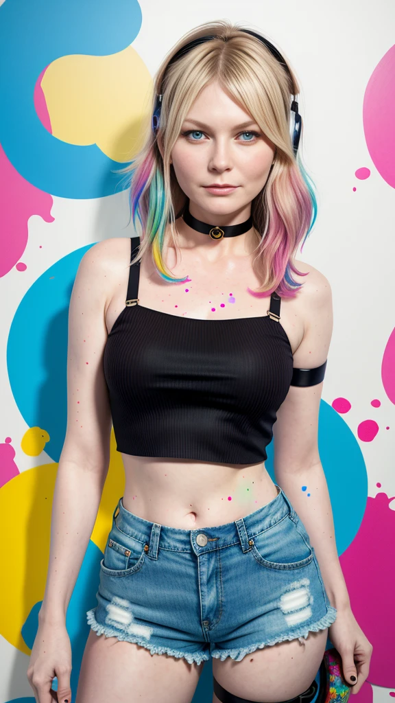 Kirsten Dunst、masterpiece, top-quality, 1girl in, 独奏, croptop, Denim shorts, a choker, (doodle:1.5), Paint Splatter, arms behind back, Hitting a wall, Look at viewers, Armbands, Thigh strap, Paint on the body, tilt of the head, tedium, O cabelo multicolorido, Aqua Eye, headset on head,