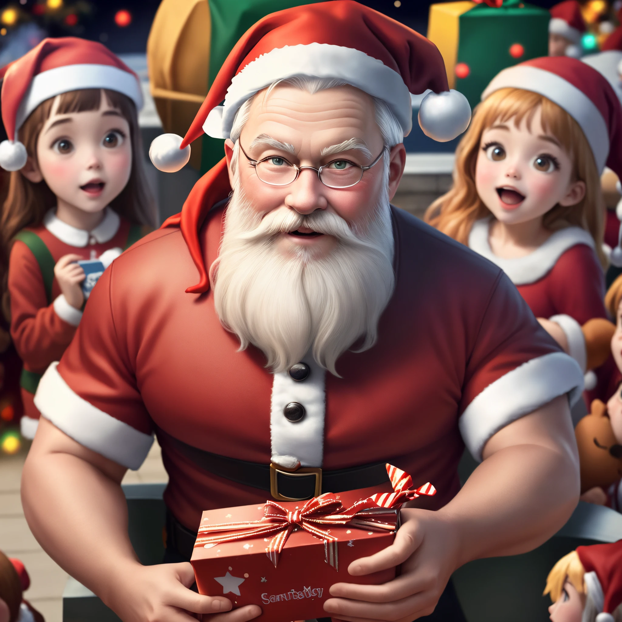 distanced image of Santa Claus in a city surrounded by children, well-defined images, well-defined features, distributing candy, pixar-type image 8 k UHD cinema 4 k, high resolution, super defined details.
