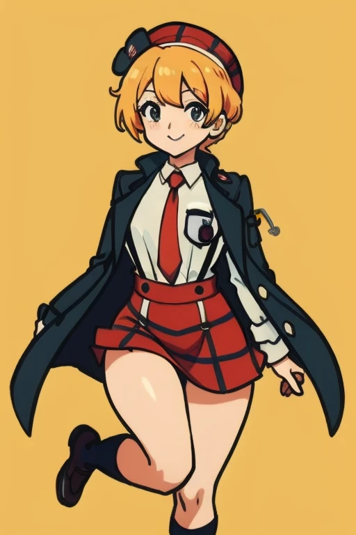 (masutepiece, Best Quality),  Intricate details,
 amelia watson, White shirt, red necktie, plaid skirts, high waist skirt, thighs thighs thighs thighs, stethoscope, pocket watch, detective, coat, Deerstalker, Black footwear, frill shirt, 鎖骨, Suspender Skirt,
 Resin,  Smile,