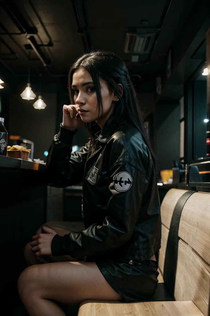 The goth gamer girl is seated at a fast food resturant. The picture is taken from the side, capturing her looking in the distance sensually. The lighting in the room is moody, creating an atmosphere of mystery and confidence. Capture the essence of her cool and enigmatic demeanor. –ar 4:5 –s 400 –seed 789 –c 50