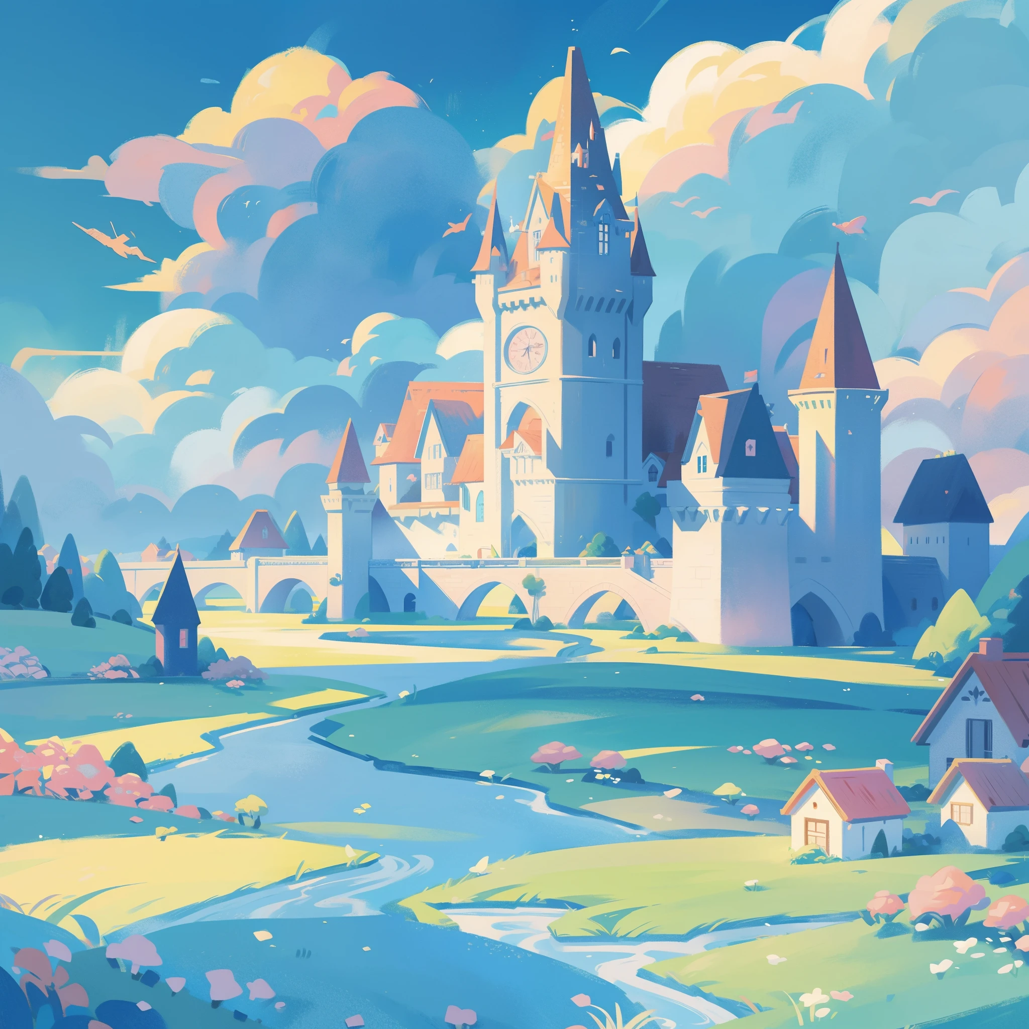 picture book illustration, watercolor storybook illustration, ((princess castle)), ((fairytale castle)), fairytale towers, clouds, vibrant pastel colors, dream, colorful, whimsical, magical, masterpiece, best quality, sharp focus, intricately detailed environment, fine detail, 8k resolution