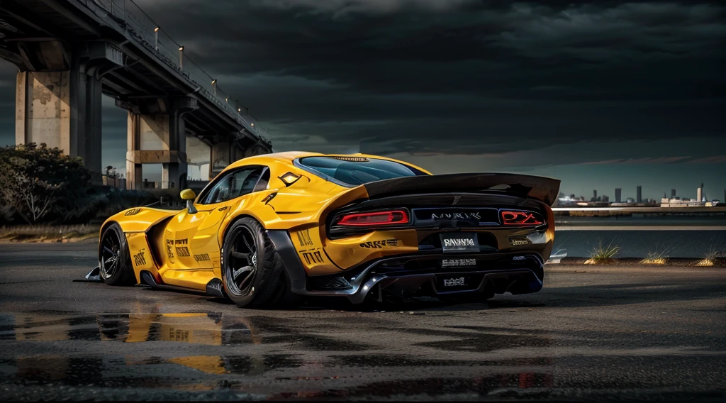 ((Dodge Viper GTS-R)), ((JonSibal design works Body Kit)), ((rear wing spoiler)), blacked out, front bumper splitters, side skirts, flared wheel arches, ((ominous looking)), (yellow racing alloy rims), ((lowered racing suspension)), high performance racing tyres, outdoors((gloomy sunset)) Wide angle lens, cgsociety, artstation, cgi, photorealistic, cinematic lighting, offset noise, ground shadows and reflections, 4k, inspired by dystopian cyberpunk, HDR studio light, {{supreme aerodynamics for maximum downforce}}, 3ds max, corona renderer, perfectly coloured, jaw dropping, sensational, menacing look, headlights on, ((parked on a bridge)), 4k wallpaper, ((dusk scene)), sunset, high spec automotive concept art, reflective ground shadows, symmetrical design, CGI, moody and atmospheric, trending on artstation, behance contest winner, cgsociety, imaginative design and craftmanship,