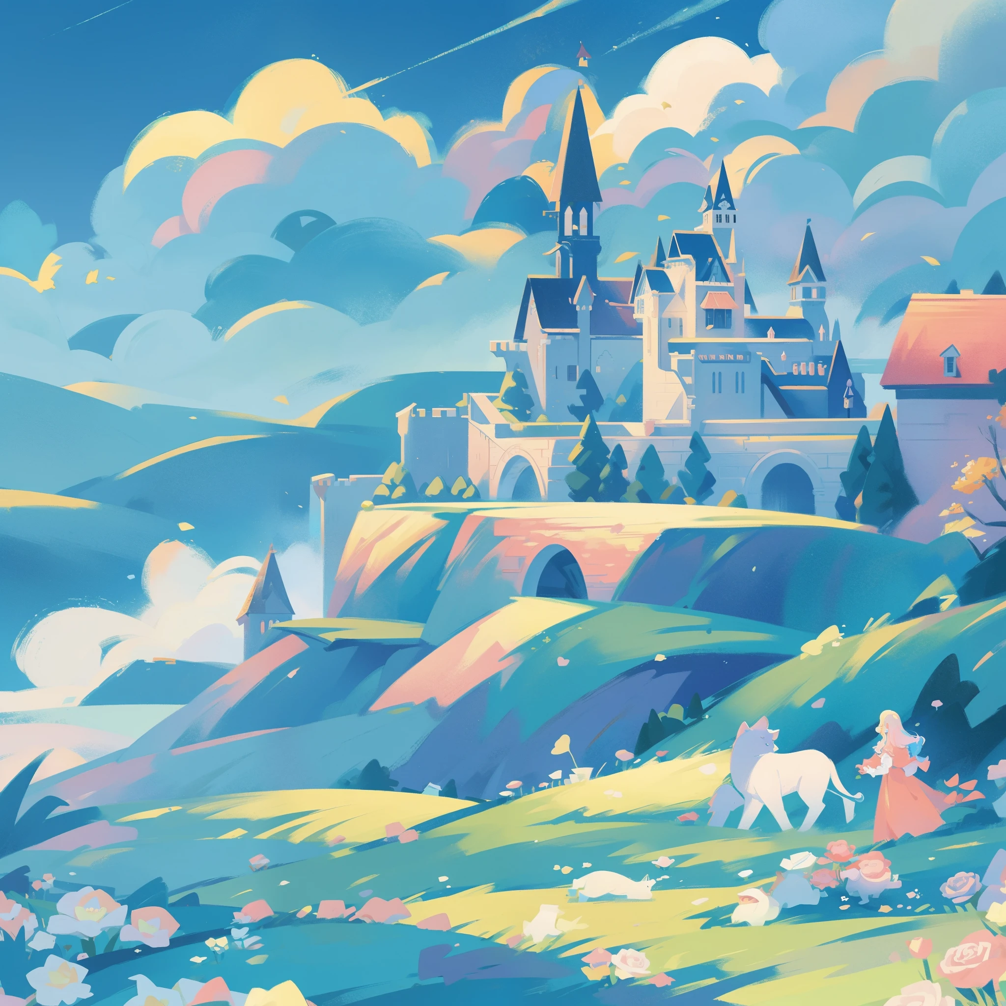 picture book illustration, watercolor storybook illustration, ((princess castle)), ((fairytale castle)), fairytale towers, clouds, vibrant pastel colors, dream, colorful, whimsical, magical, masterpiece, best quality, sharp focus, intricately detailed environment, fine detail, 8k resolution