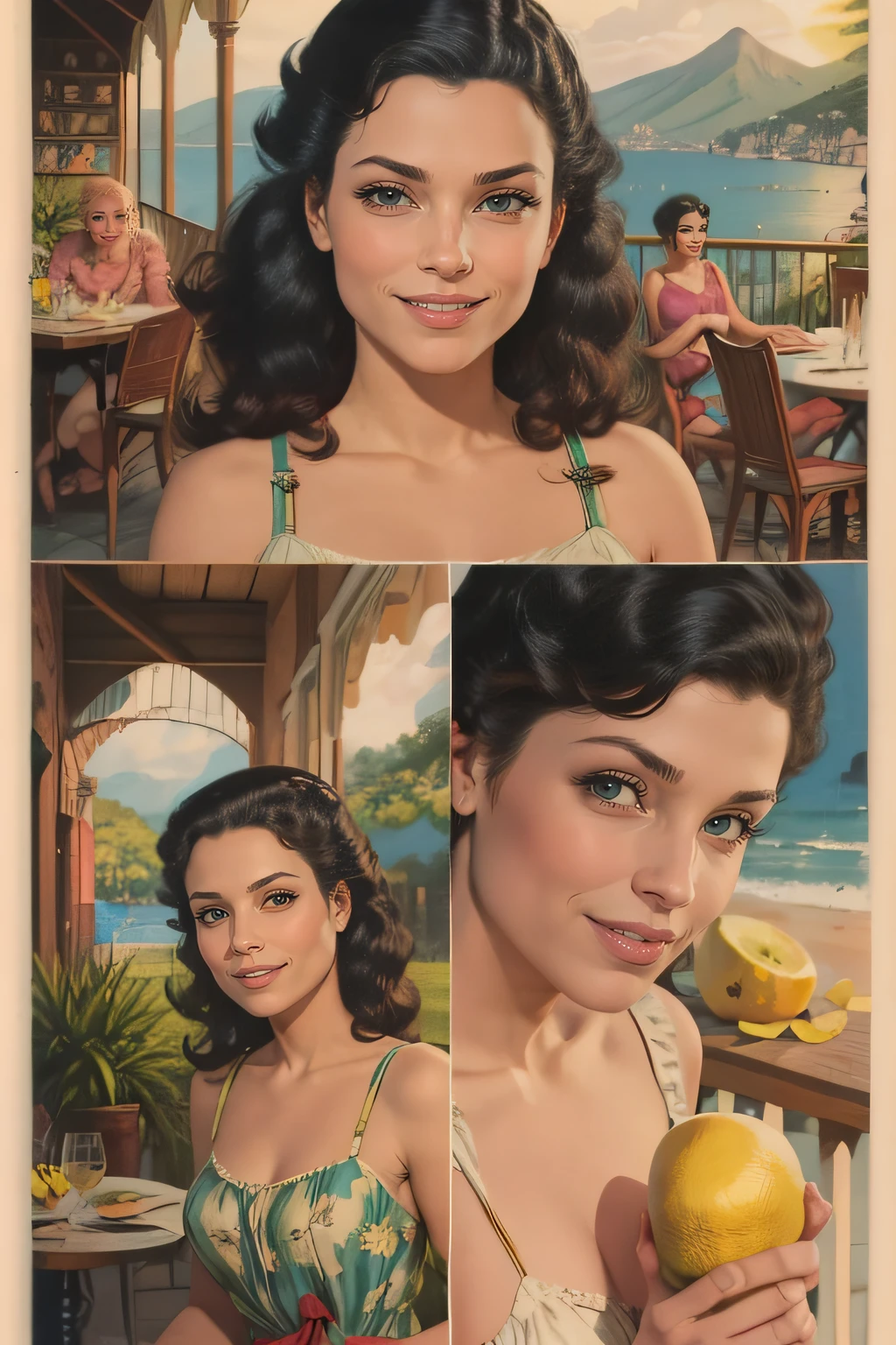 Vintage retro art printing of a smiling woman, perfect face, symmetrical face, French face, sensual face, mischievous smileshe is wearing an intricate sundress, holding a petite lemon in her hand,as scenery a terrace in sorrento, in the art style of gil elvgren, award winning, masterpiece, dramatic lighting,