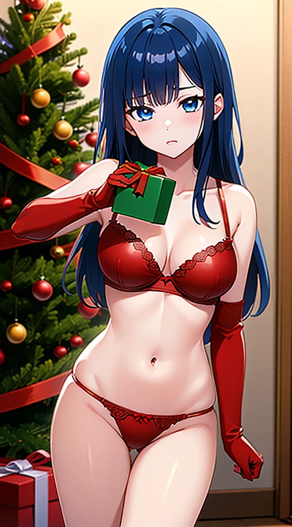 masterpiece, best quality, 1 solo girl, dark blue hair, blue eyes, long hair, wavy hair, Christmas ornaments, medium , mature nd face, red christmas dress, christmas, christmas light, christmas tree, red gloves, red santa skirt, holding gift, red bra, red panty, leg upboy shots, sexy pose, dakimak, detailed body, face, and eyes, sharp focus, vibrant, creative, dynamic, high definition, high resolution, 8k, (Upscale: R-ESRGAN 4x+ Anime6B), (Image enchance:4x), voluptuous body
