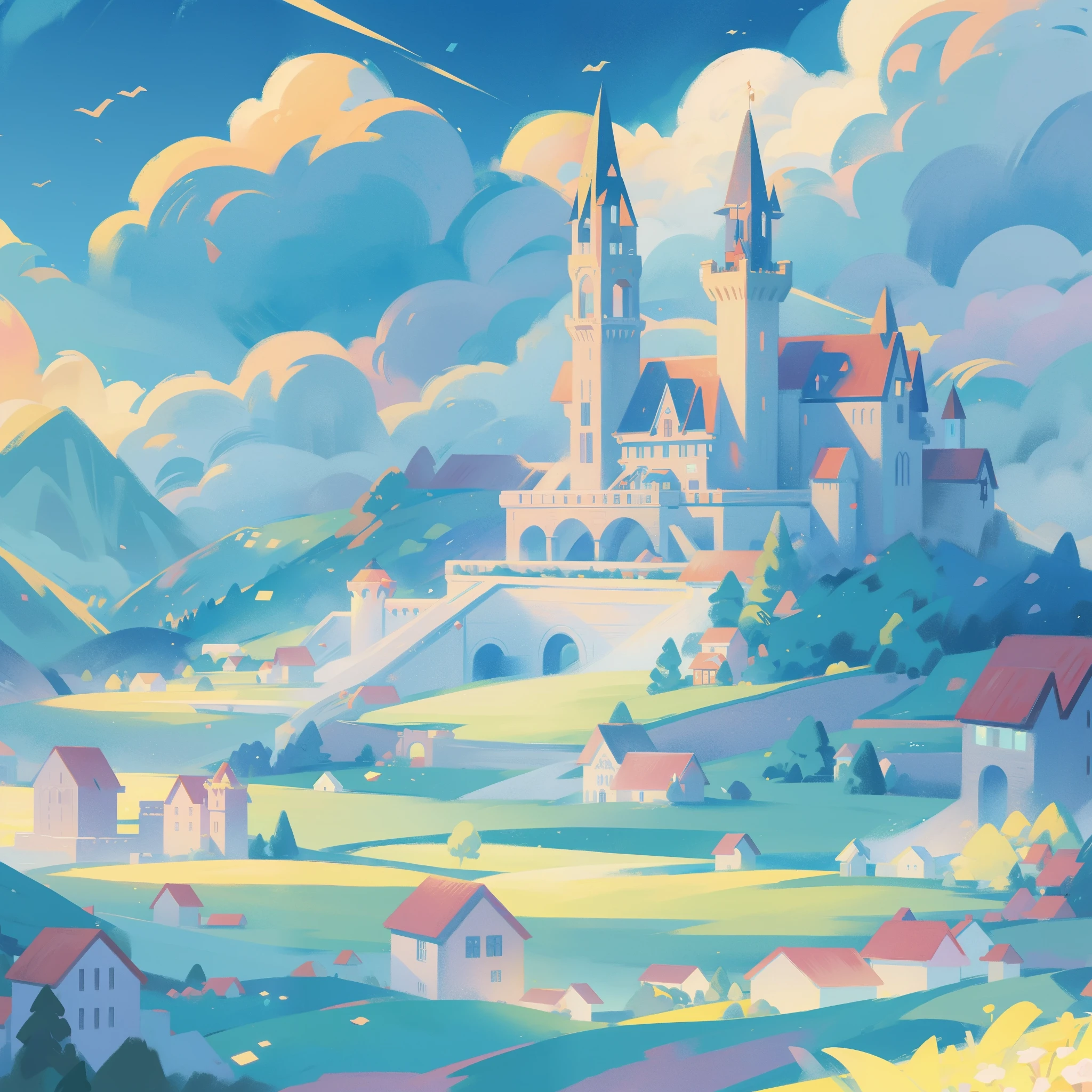 picture book illustration, watercolor storybook illustration, ((princess castle)), ((fairytale castle)), fairytale towers, clouds, vibrant pastel colors, dream, colorful, whimsical, magical, masterpiece, best quality, sharp focus, intricately detailed environment, fine detail, 8k resolution