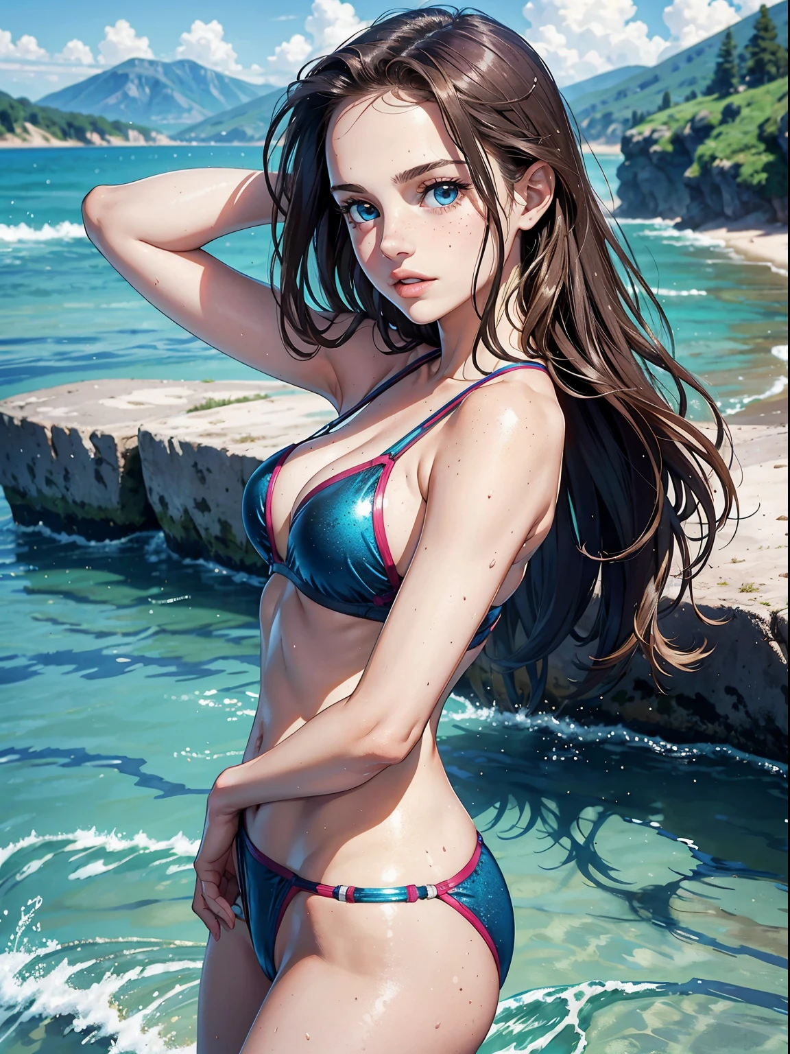 beautiful natalie portman. gentle smile. tight intricate bikini, crop top. shiny blue eyes, freckles. background river. from the back