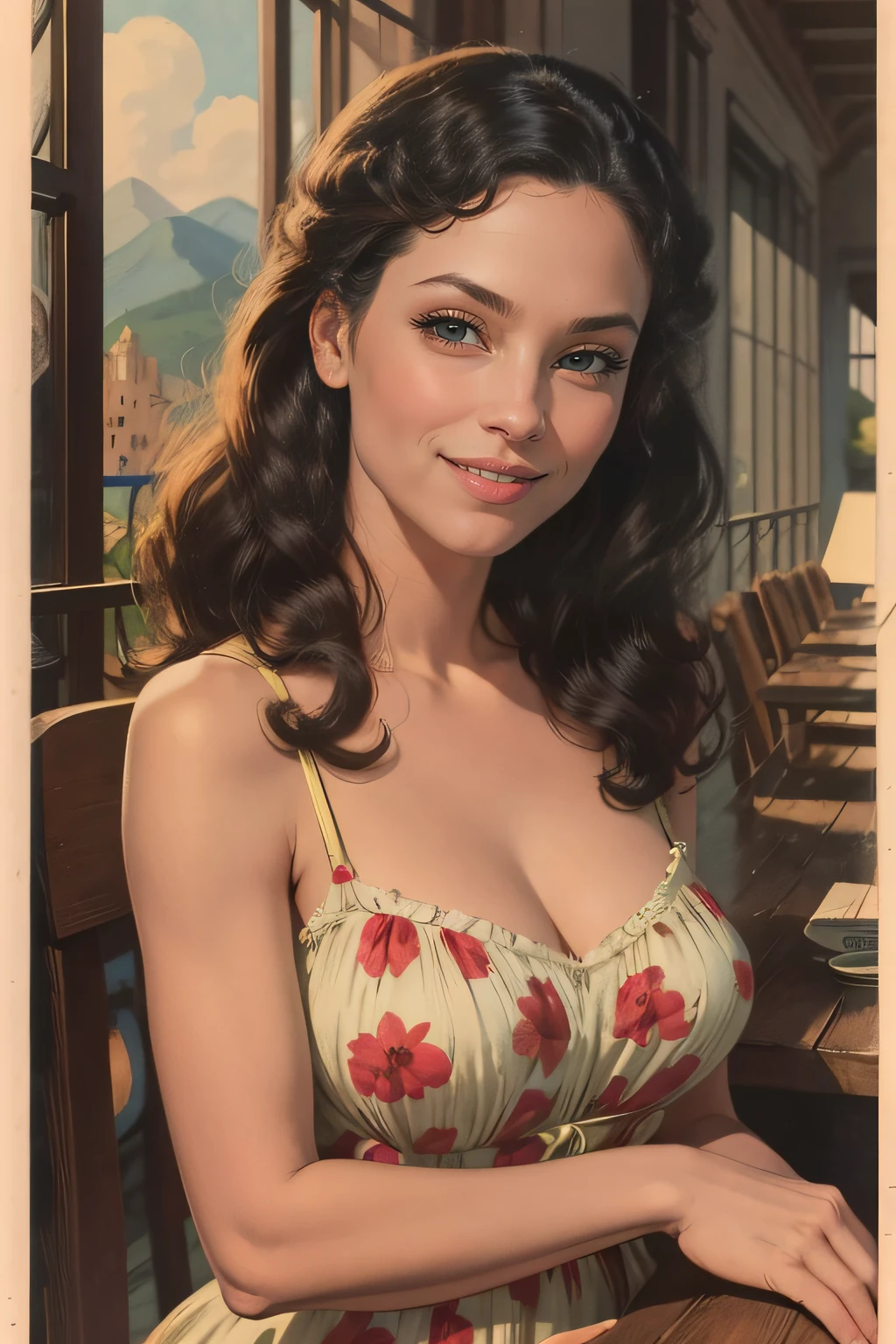 Vintage retro art printing of a smiling woman, perfect face, symmetrical face, French face, sensual face, mischievous smileshe is wearing an intricate sundress,as scenery a terrace in sorrento, in the art style of gil elvgren, award winning, masterpiece, dramatic lighting,