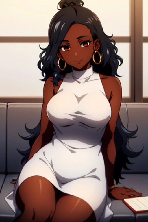 black woman, ((dark skin)), ((sitting on a dark red sofa)), dark brown eyes, ((black curly hair)), hair with a big bun, ((curly hair with a bun)), ((hair for back)), ((using cell phone)), ((long white dress)), ((dress with opening on the right side of the leg)), ((radio and television on shelf)), ((large glass window) ), ((looking at her phone)), smiling, great quality, masterpiece, beautiful hands, medium breasts, gold hoop earrings