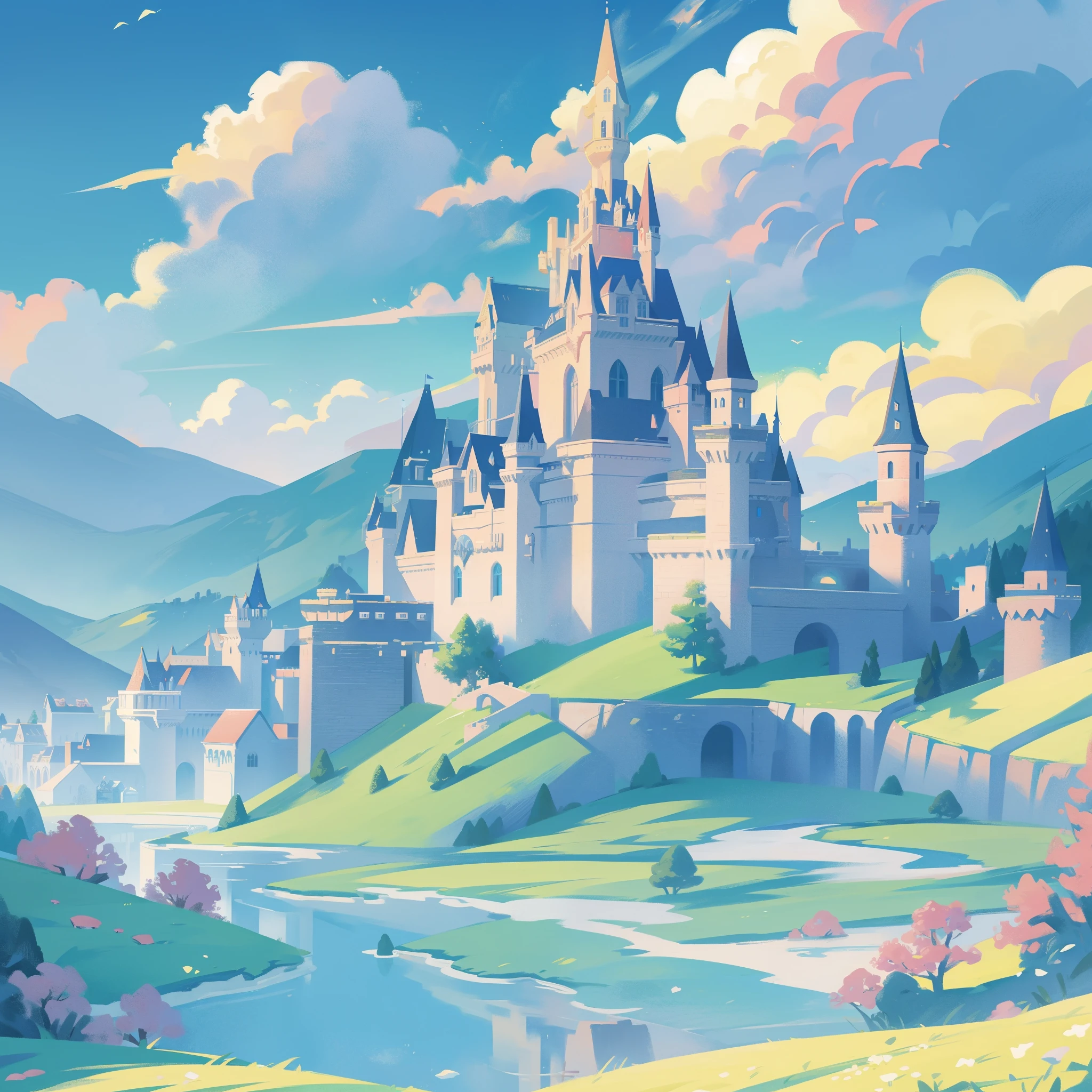 picture book illustration, watercolor storybook illustration, ((princess castle)), ((fairytale castle)), fairytale towers, clouds, vibrant pastel colors, dream, colorful, whimsical, magical, masterpiece, best quality, sharp focus, intricately detailed environment, fine detail, 8k resolution