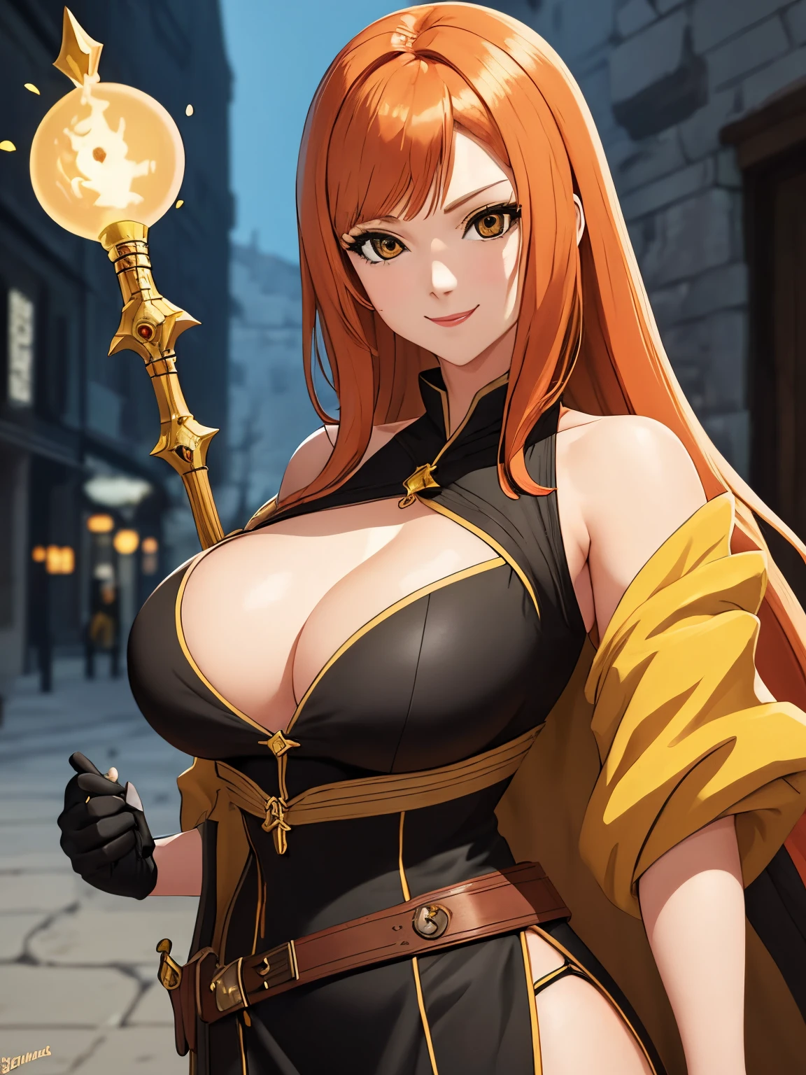 woman, ( pretty face, ginger hair, long hair, black eyes) black dress, mage, exposed shoulders, gloves, diadem, large thighs, light armor, mage dress, yellow cloth, stocking, smiling, yellow details on dress, STW