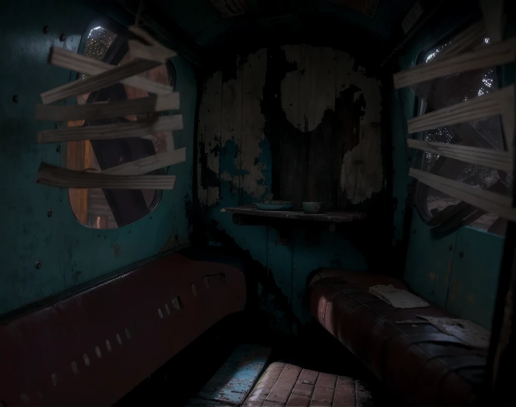 Abandoned train car, Vista desde el interior, hay dos rectangulares de cuero color vino., todo es viejo, Noche, extremely cold, The only window there is covered with old wood., oscuro, There are only two benches on the sides., the cabin is very small, train in terrible conditions, todo esta encerrado, oscuro, sin luz, viejo, roto, usado, atmosfera oscura, no hay luz que ilumine el lugar