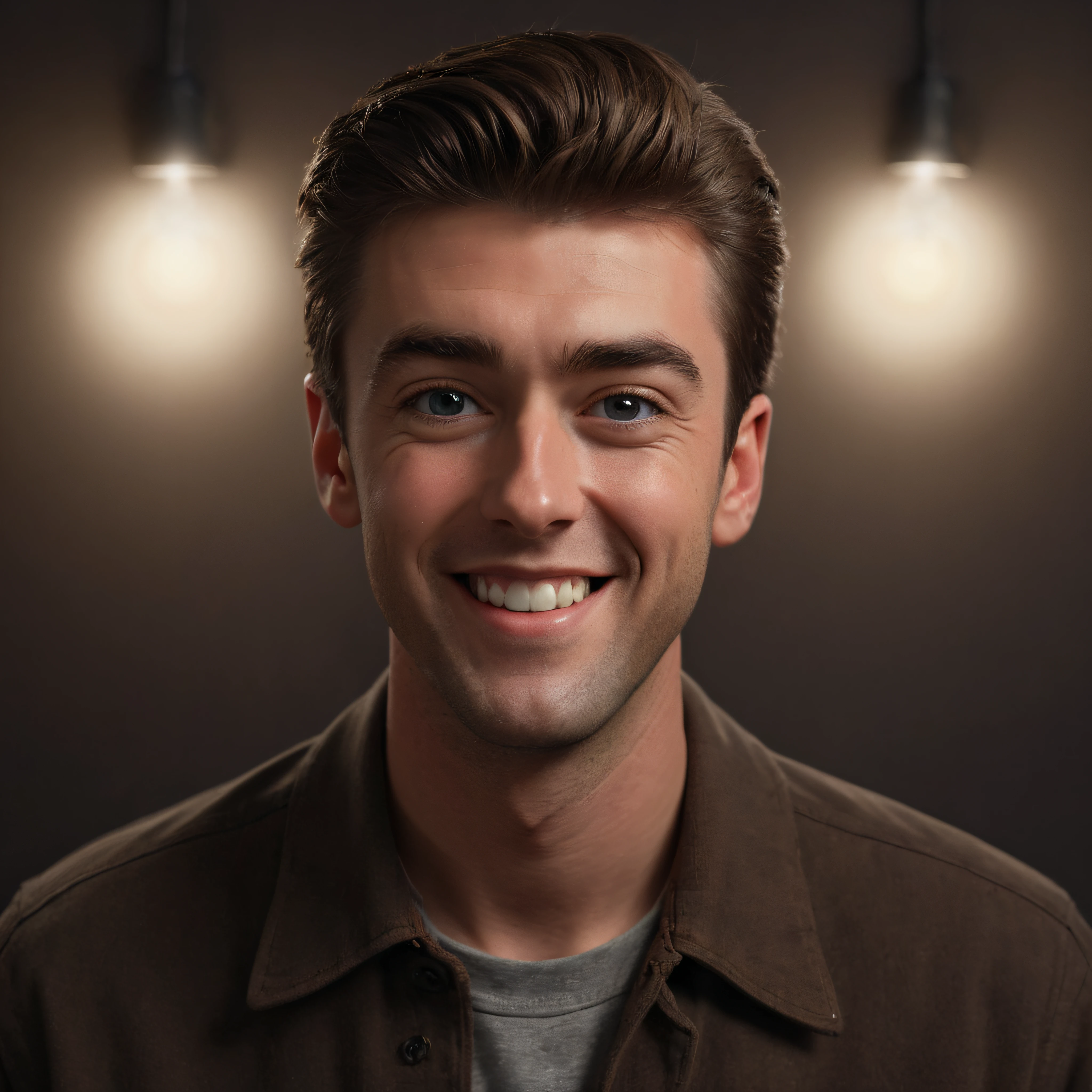 20-year-old James Stewart, happy face, a dark, gradated brown wall in the background with a spotlight affect, Professional quality studio photograph, 4k, 8k, 32k UHD, Hyper realistic, extremely colorful, vibrant, photorealistic, realistic, sharp, highly detailed, professional quality, beautiful, awesome, majestic, superb, trending on artstation, pleasing, lovely, Cinematic, gorgeous, Real, Life like, Highly detailed, sharp, focused, fantastic, trending on art station