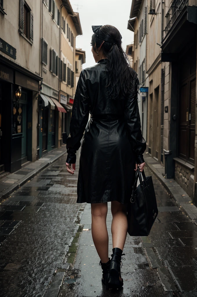 The goth gamer girl is waling in the streets of florence, it's night and a bit rainy, she is walking with an umbrella over her head. The picture is taken from behind, capturing her walk, sexy like a cat. The lighting is gllomy but emotional, creating an atmosphere of mystery and confidence. Capture the essence of her cool and enigmatic demeanor, walking down the road. –ar 4:5 –s 400 –seed 789 –c 50