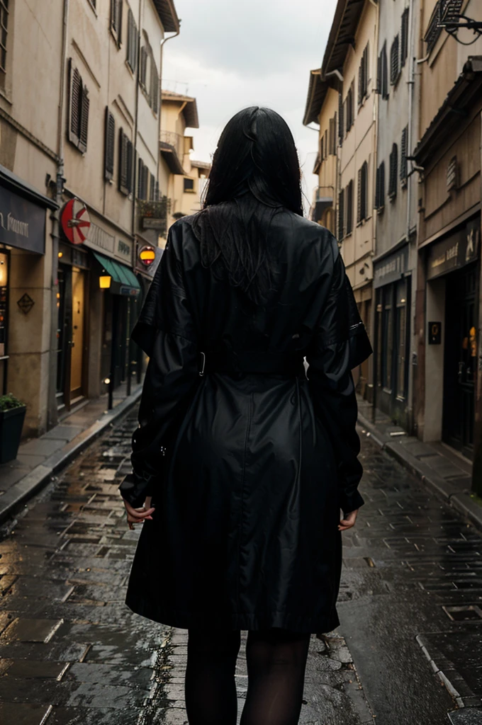 The goth gamer girl is waling in the streets of florence, it's night and a bit rainy, she is walking with an umbrella over her head. The picture is taken from behind, capturing her walk, sexy like a cat. The lighting is gllomy but emotional, creating an atmosphere of mystery and confidence. Capture the essence of her cool and enigmatic demeanor, walking down the road. –ar 4:5 –s 400 –seed 789 –c 50