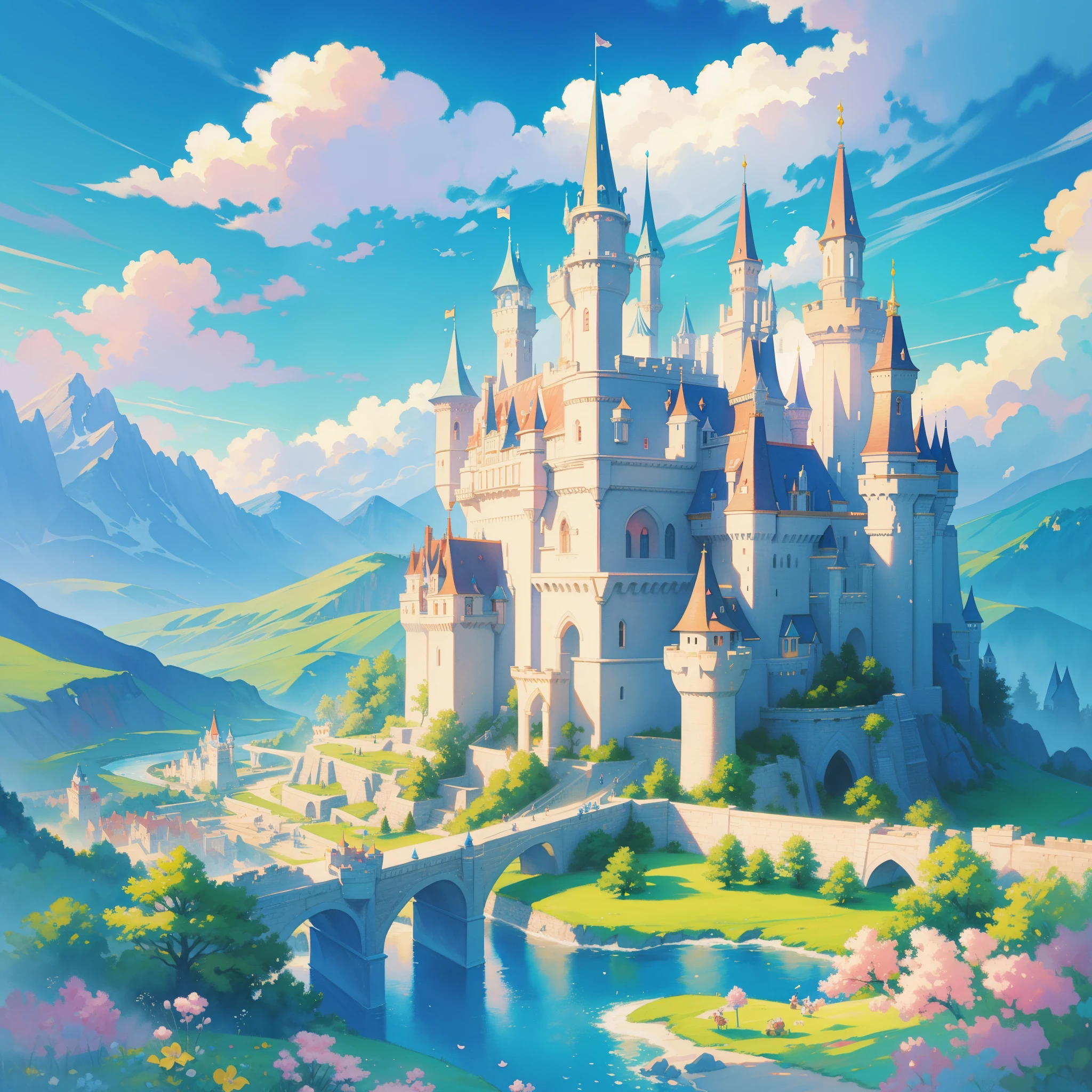 picture book illustration, watercolor storybook illustration, ((princess castle)), ((fairytale castle)), fairytale towers, clouds, vibrant pastel colors, dream, colorful, whimsical, magical, masterpiece, best quality, sharp focus, intricately detailed environment, fine detail, 8k resolution