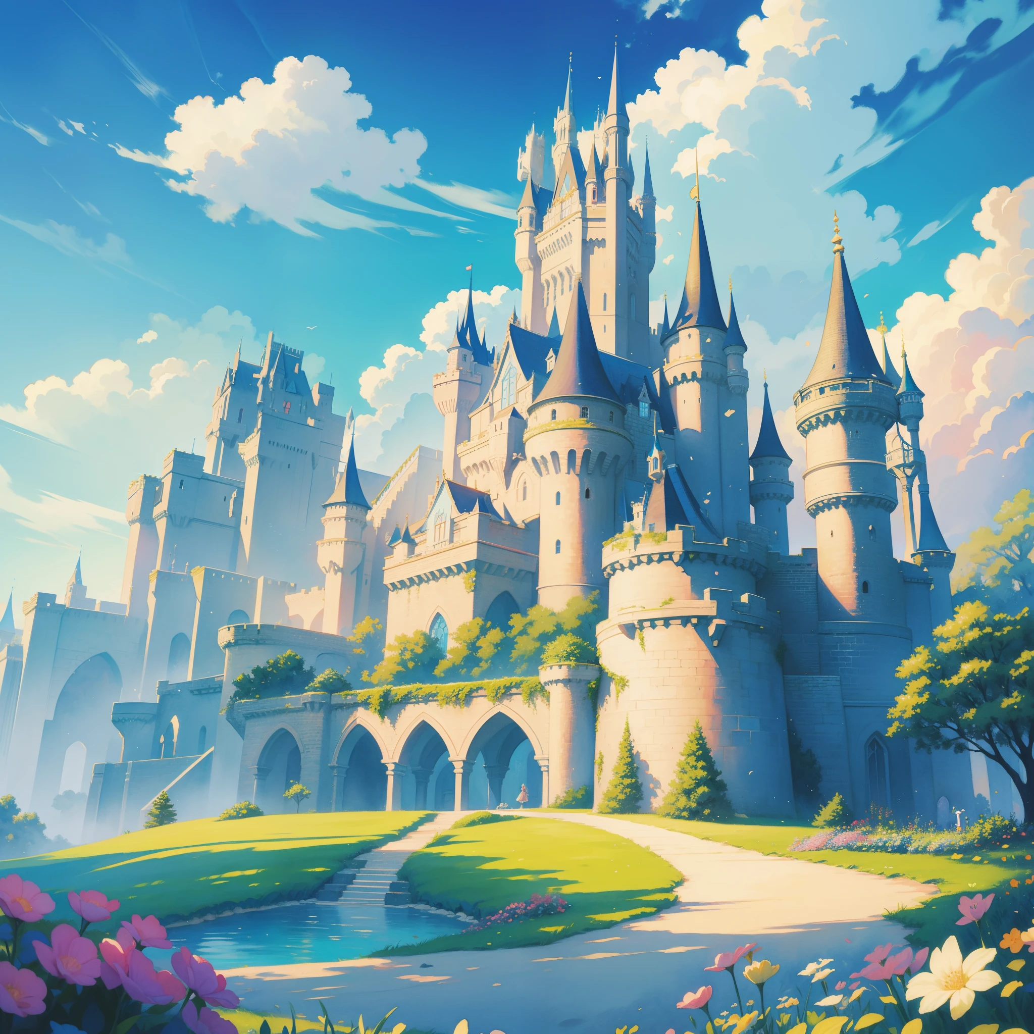 picture book illustration, watercolor storybook illustration, ((princess castle)), ((fairytale castle)), fairytale towers, clouds, vibrant pastel colors, dream, colorful, whimsical, magical, masterpiece, best quality, sharp focus, intricately detailed environment, fine detail, 8k resolution