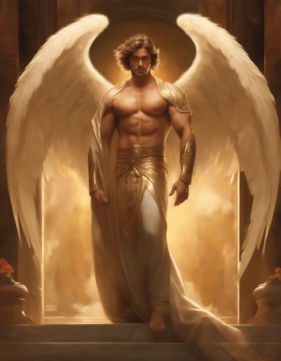 Portrait of an elegant stout Guardian Angel unleashing all his powers, digital painting in the style of Robert Liberace, dynamic action poses of a Guardian Angel, heavenly handsome, ethereal elegance, light brown hair, male, mature, handsome, upper body, muscular, hairy torso, fantasy, intricate, elegant, highly detailed, digital painting, art station, concept art, soft, sharp focus, illustration, art by Robert Liberace, Gaston Bussiere and Alphonse Mucha, klimt, art deco