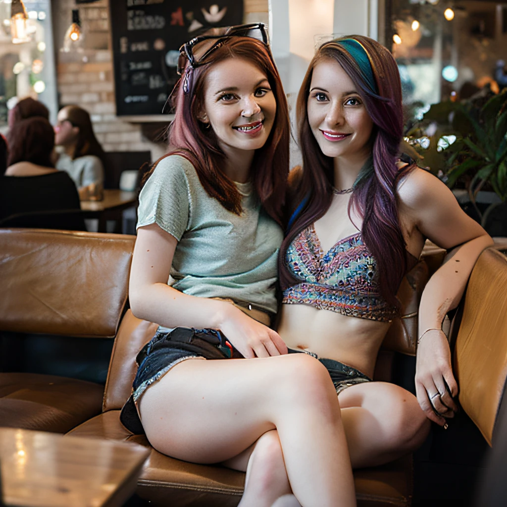 2heads, young woman, age 28, hipster girl, multi colored hair, pale skin, sitting in a coffee shop, legs crossed,