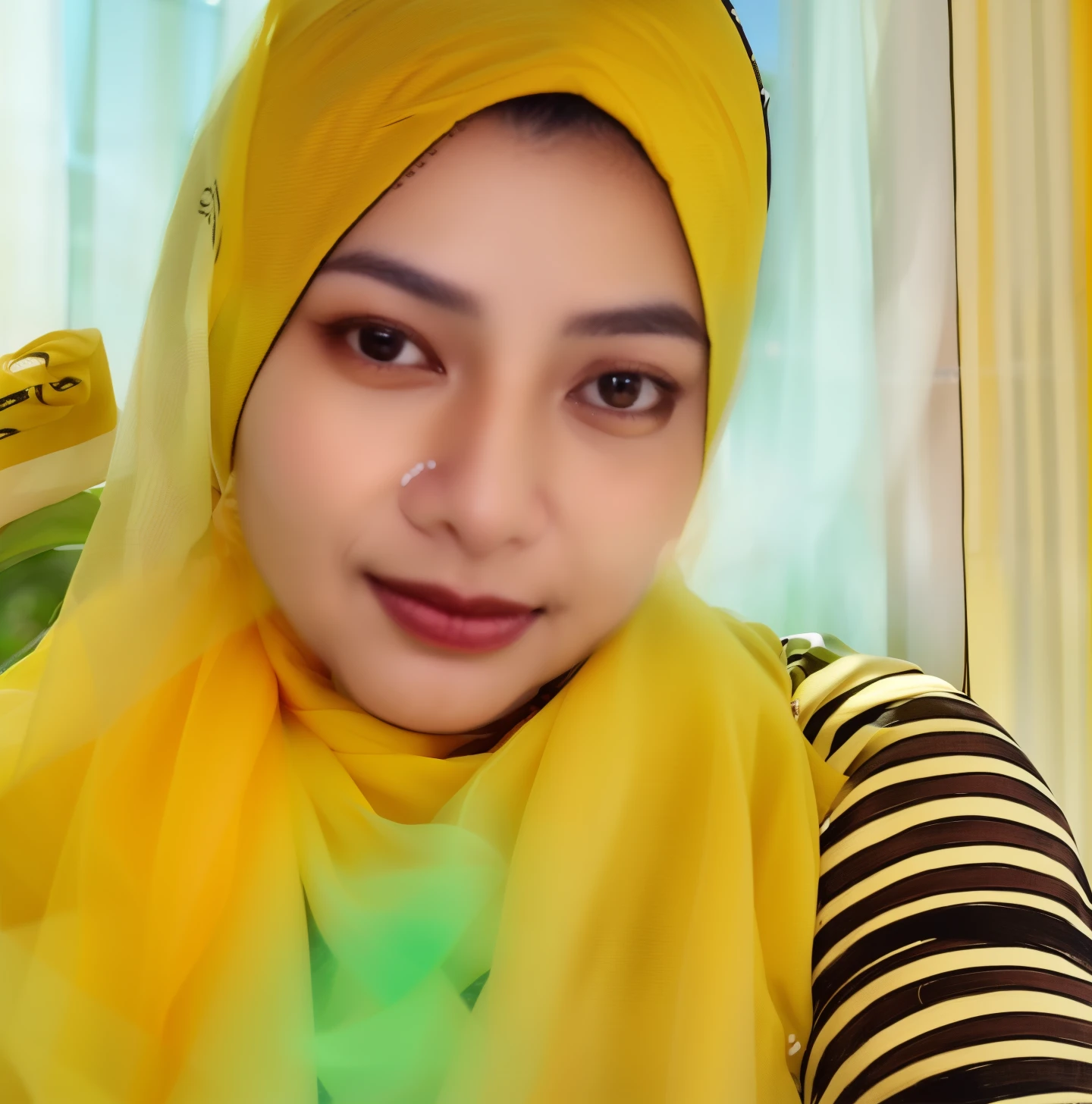 there is a woman wearing a yellow scarf and a black and white striped shirt, faridah malik, with yellow cloths, inspired by Naza, with accurate face, malaysian, inspired by Shaddy Safadi, inspired by Mym Tuma, inspired by Fathi Hassan, hijab, 30 years old woman, 3 0 years old woman