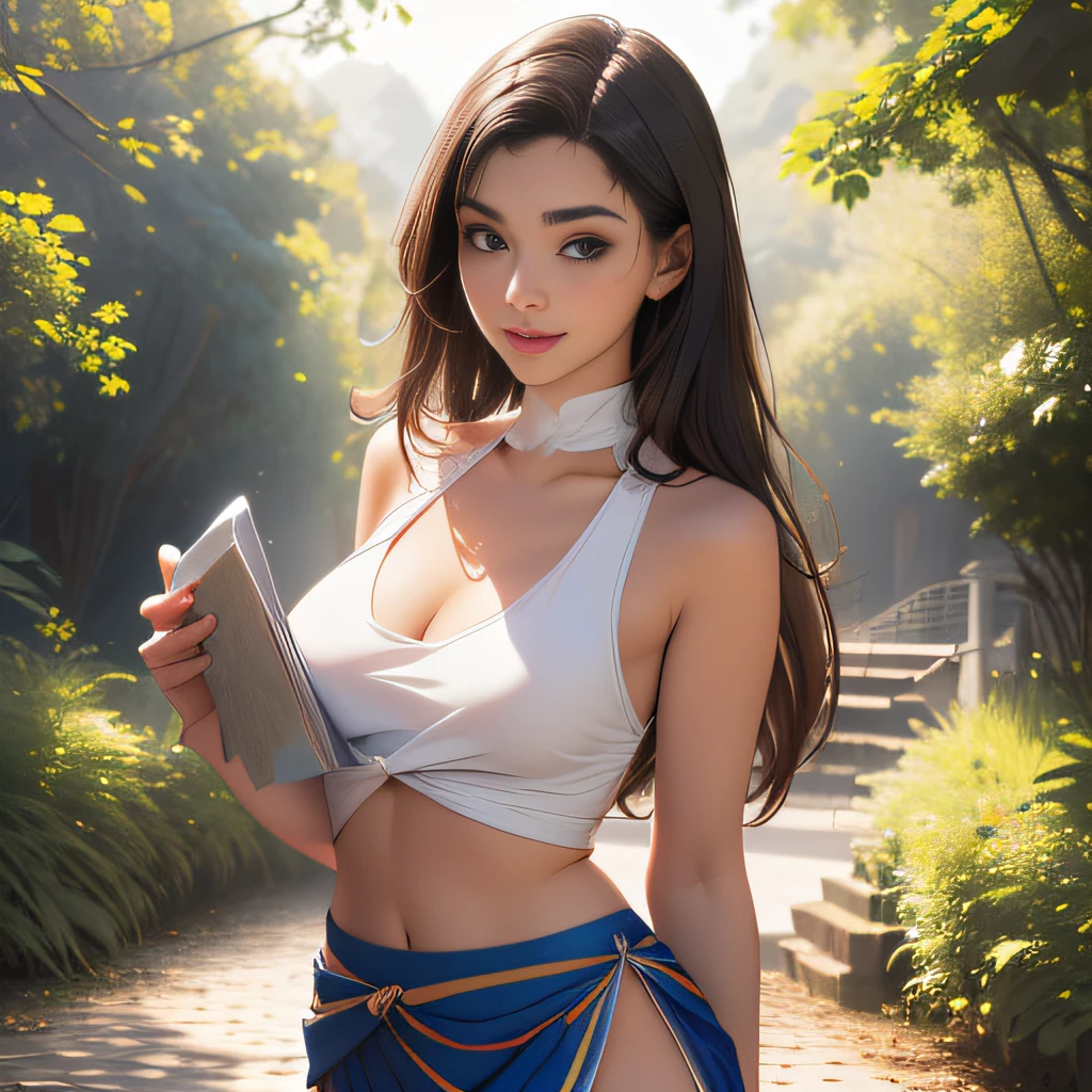 (Extremely detailed 8k wallpaper:2), (photo:2), (24 years old soigne Beautiful girl:2), (gives a lecture to friends:2), detailed (Face and eyes), (hyper realistic:1), (highly detailed:1), (epic realistic:1), rim light, (maximum details:1), cozy, (fullbody:1.3), (looking at viewer:2.0), (Woman's Attractive Qualities:2), (Attractive Woman:2), (Attractive:2), Smile, Intelligence, Empathy, Gracefulness, Sense of Style, Fitness, Grooming, Optimism, (Sensitivity:2), Sincerity, Romantic Gestures, Playfulness, Fashion Sense, (Sensuality:2), Charm, Modesty, Thoughtfulness, (Femininity:1), Flirtatiousness, Warmth, (Physical attractiveness:2), A beautiful smile, A love of life, strength and power, vulnerability, curiosity, wonder, love, (nature background:2), kawaii, waifu, Beautiful breasts, (attractive body:2), (Beautiful body:2), Beautiful pose, attractive pose, (Beautiful legs:1.0), (Beautiful clothes:1), (classic clothes:2), (elegant clothes:2), (European clothes:2), detailed clothes, (skirt:1), (blouse:1), (provocative pose)