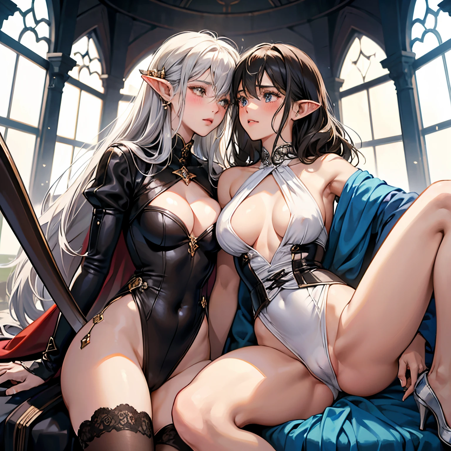 Brown-skinned、Black-haired dark elf girl and silver-haired girl、Fair-skinned elf girls hug and love each other,Very beautiful,lesbian between girls,I'm so embarrassed that I almost cry,red blush,Accurately drawn face ,tre anatomically correct,perfectly proportions,Precise fingers,,Spread your legs wide and blame each other'chest and crotch,Scandinavian style costume,erotick,Fantasia,Sweaty skin,Extreme lesbian sex,in a fantasy dungeon,masterpiece,Best Quality,