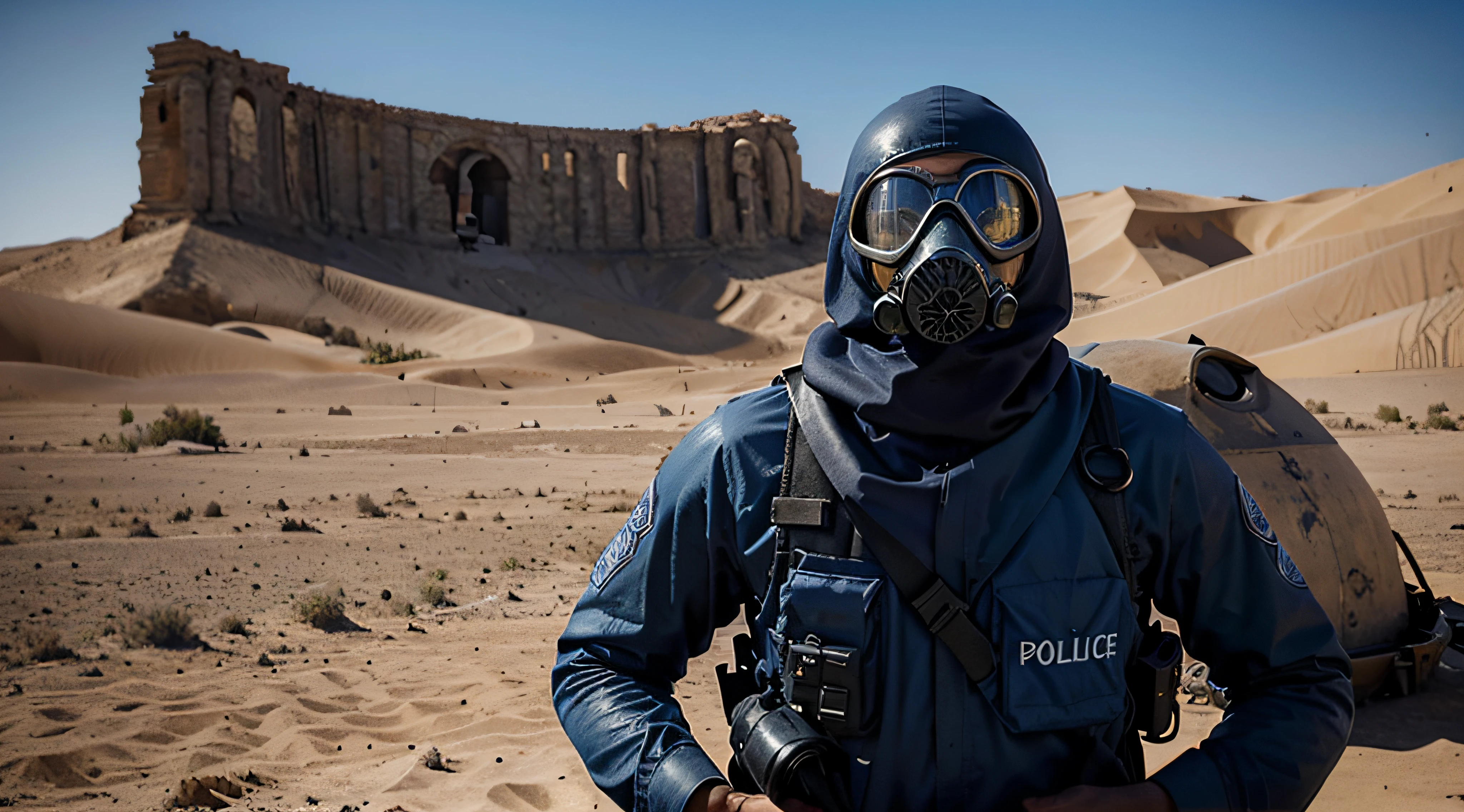 crie uma arte conceitual de um jogo chamado no inferno. This concept art takes place in the desert with a police officer dressed in blue with his face covered with a gas mask and mummies around him.