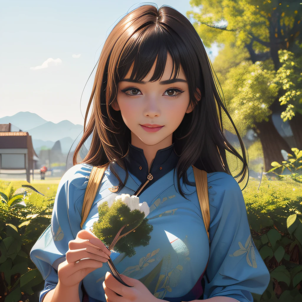 expansive landscape photograph , (a view from below that shows sky above and open field below), a girl standing on flower field looking up, bright sunny day (clouds:1.2), distant mountain, tree BREAK
production art, lot of purple and orange, intricate details, volumetric lighting, realism BREAK
(masterpiece:1.2), detailed shadows, (best quality), 4k, ultra-detailed, (dynamic composition:1.4), highly detailed, colorful details,( iridescent colors:1.2), (glowing lighting, atmospheric lighting), dreamy, magical, (solo:1.2)
