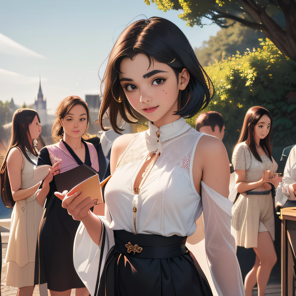 (Extremely detailed 8k wallpaper:2), (photo:2), (24 years old soigne Beautiful girl:2), (gives a lecture to friends:2), detailed (Face and eyes), (hyper realistic:1), (highly detailed:1), (epic realistic:1), rim light, (maximum details:1), cozy, (fullbody:1.3), (looking at viewer:2.0), (Woman's Attractive Qualities:2), (Attractive Woman:2), (Attractive:2), Smile, Intelligence, Empathy, Gracefulness, Sense of Style, Fitness, Grooming, Optimism, (Sensitivity:2), Sincerity, Romantic Gestures, Playfulness, Fashion Sense, (Sensuality:2), Charm, Modesty, Thoughtfulness, (Femininity:1), Flirtatiousness, Warmth, (Physical attractiveness:2), A beautiful smile, A love of life, strength and power, vulnerability, curiosity, wonder, love, (nature background:2), kawaii, waifu, Beautiful breasts, (attractive body:2), (Beautiful body:2), Beautiful pose, attractive pose, (Beautiful legs:1.0), (Beautiful clothes:1), (classic clothes:2), (elegant clothes:2), (European clothes:2), detailed clothes, (skirt:1), (blouse:1), (provocative pose)